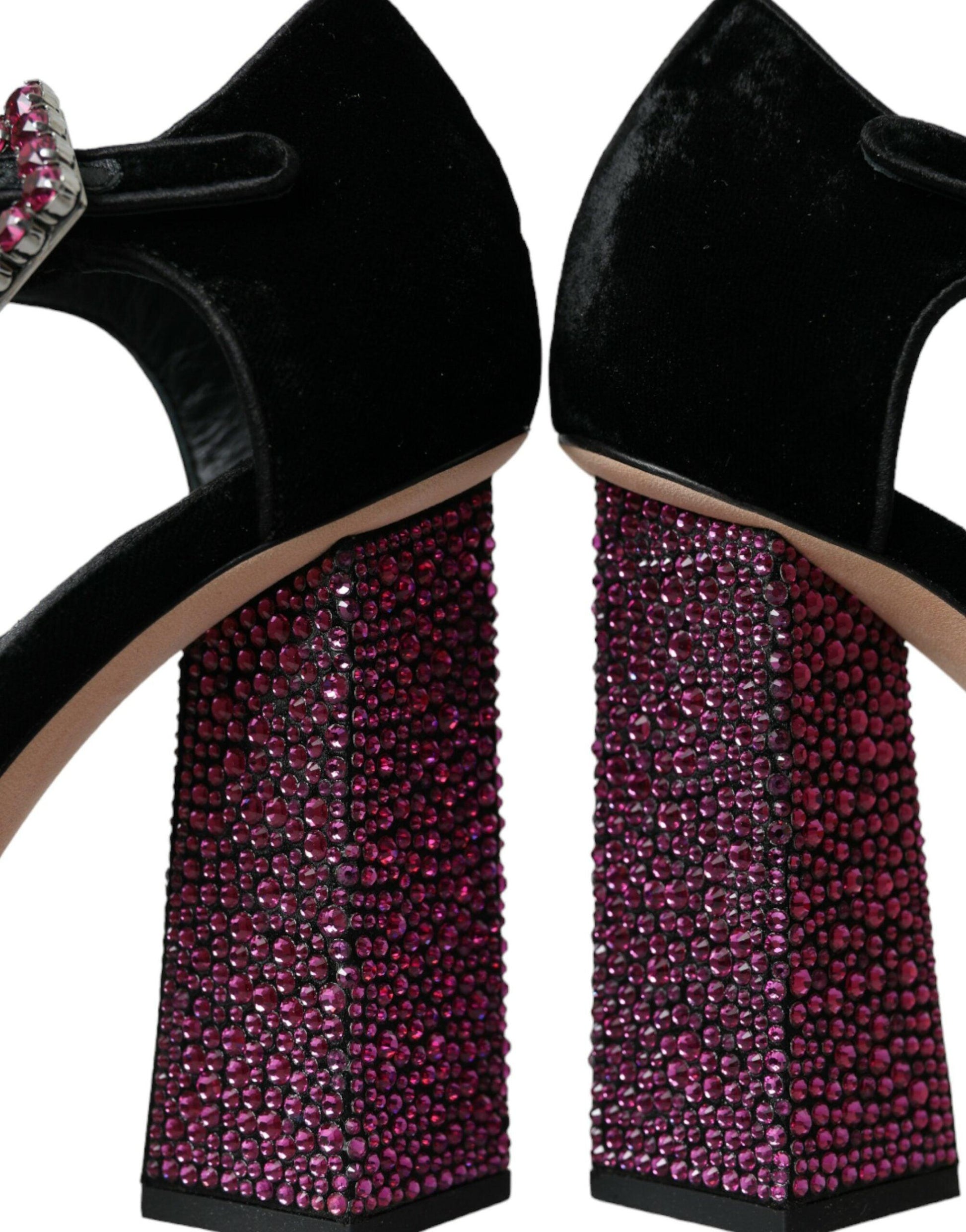 Dolce & Gabbana Black Velvet Strass Crystal Mary Janes Shoes - Arichezz.store