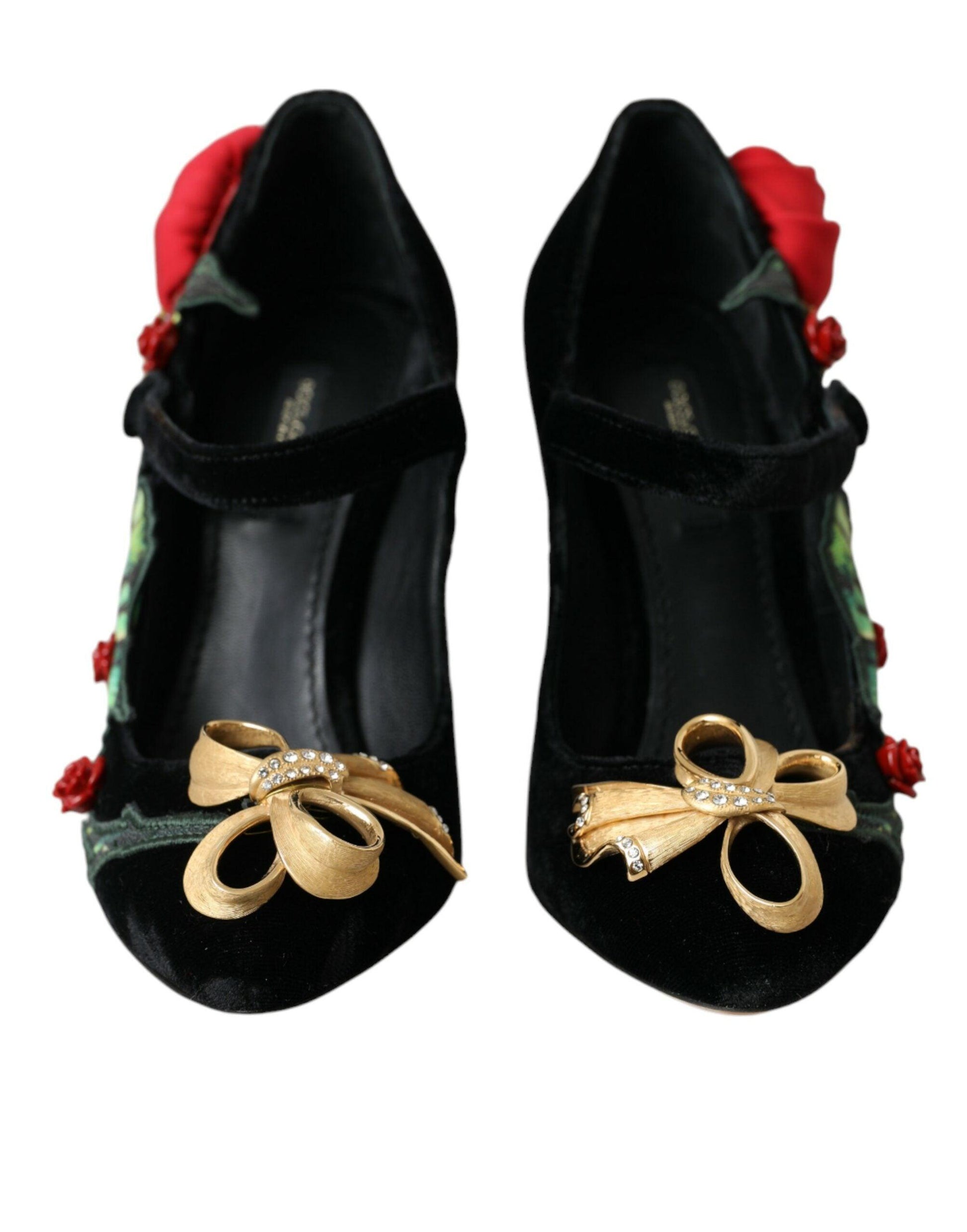 Dolce & Gabbana Black Roses Crystal Brooch Mary Jane Shoes - Arichezz.store