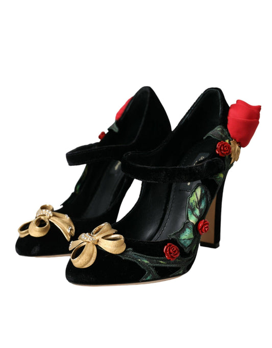 Dolce & Gabbana Black Roses Crystal Brooch Mary Jane Shoes - Arichezz.store