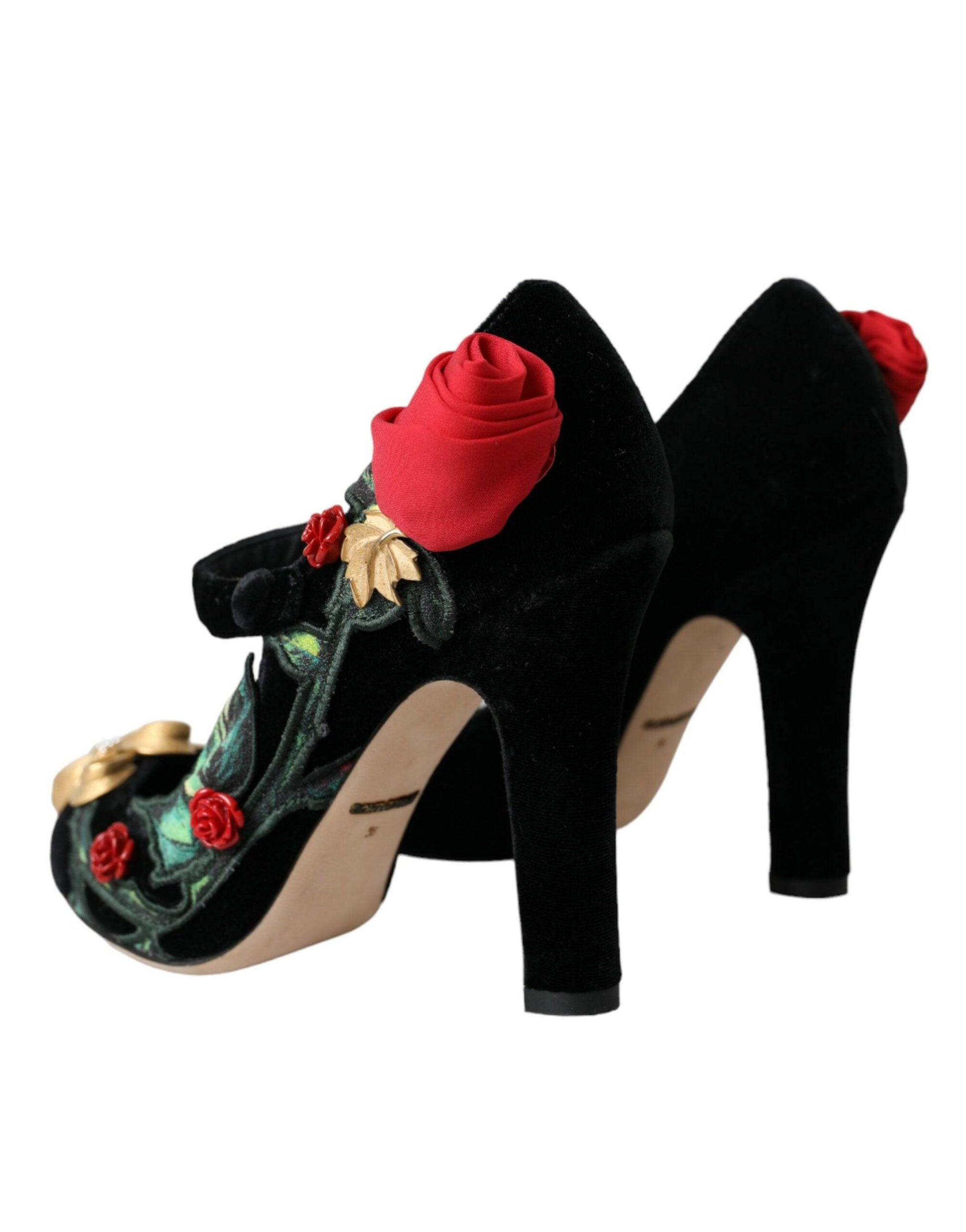 Dolce & Gabbana Black Roses Crystal Brooch Mary Jane Shoes - Arichezz.store