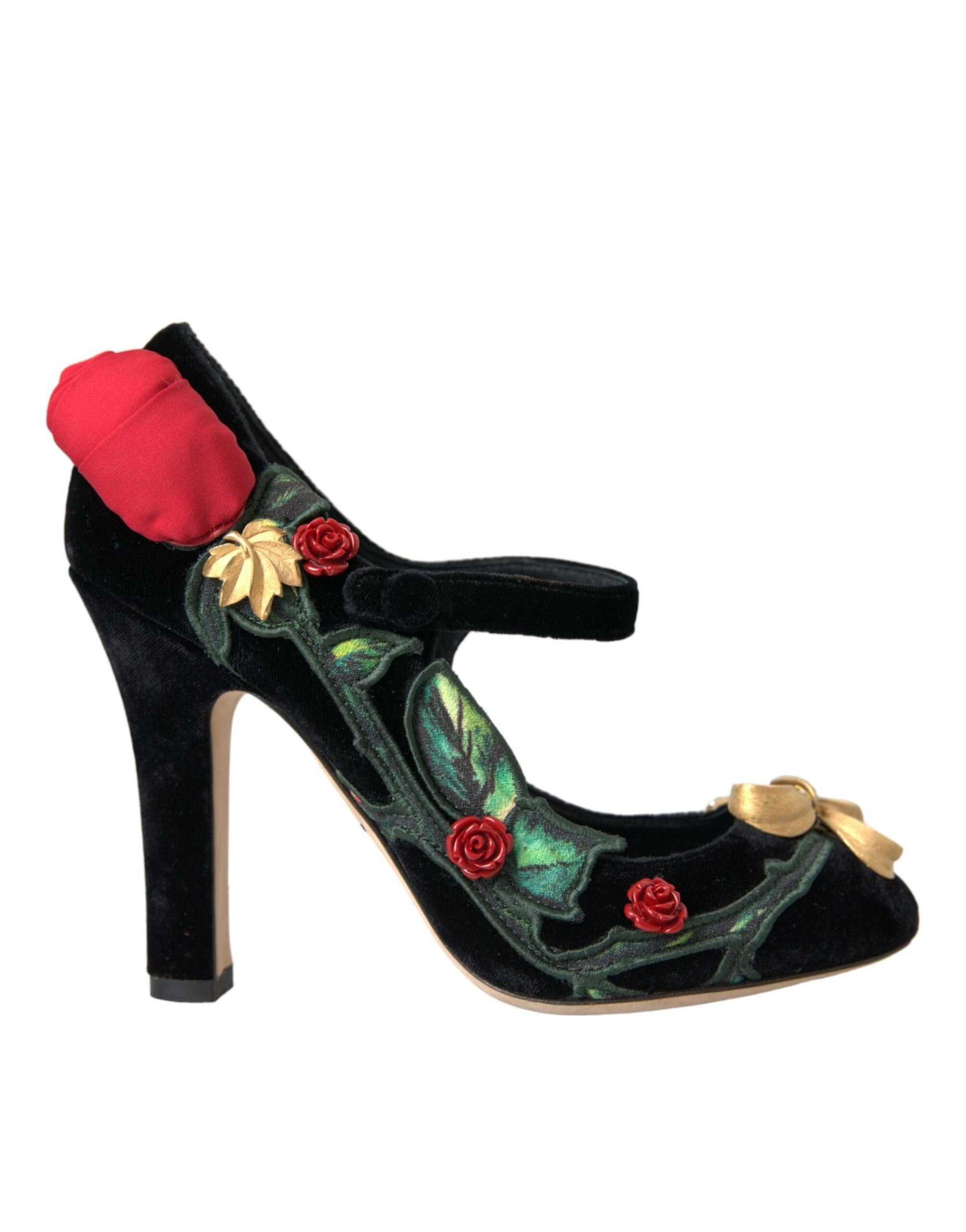 Dolce & Gabbana Black Roses Crystal Brooch Mary Jane Shoes - Arichezz.store