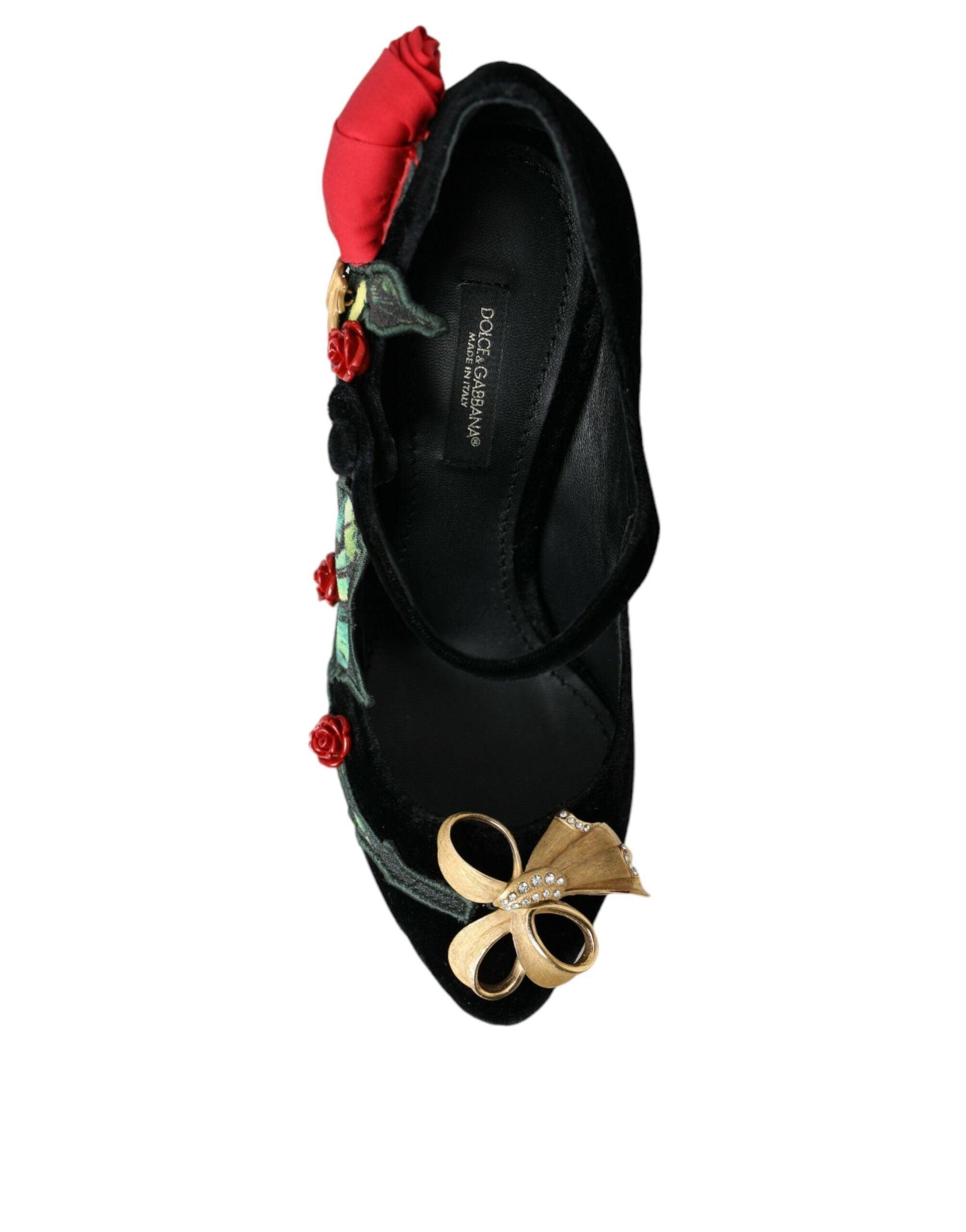 Dolce & Gabbana Black Roses Crystal Brooch Mary Jane Shoes - Arichezz.store