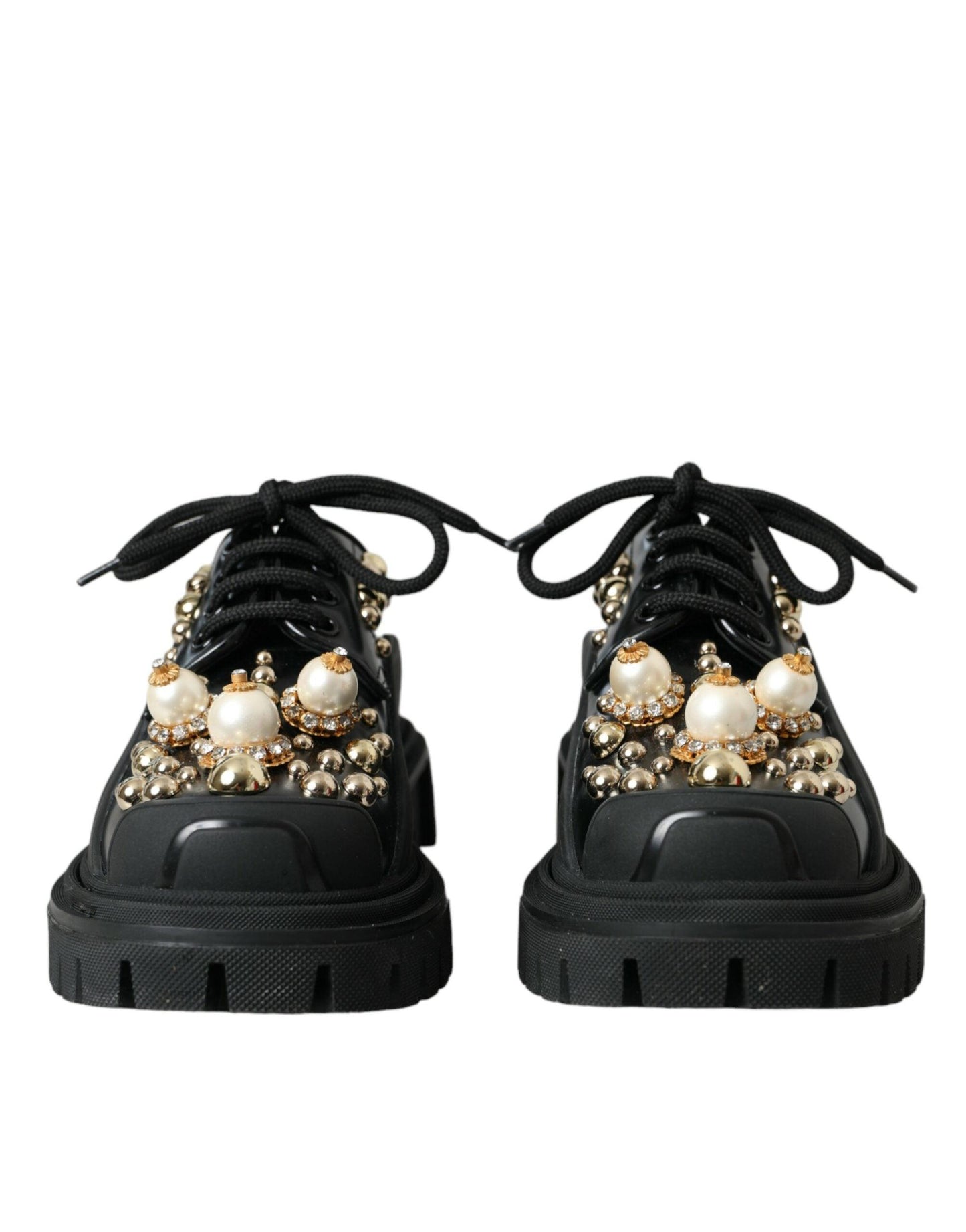 Dolce & Gabbana Black Leather Trekking Derby Embellished Shoes - Arichezz.store