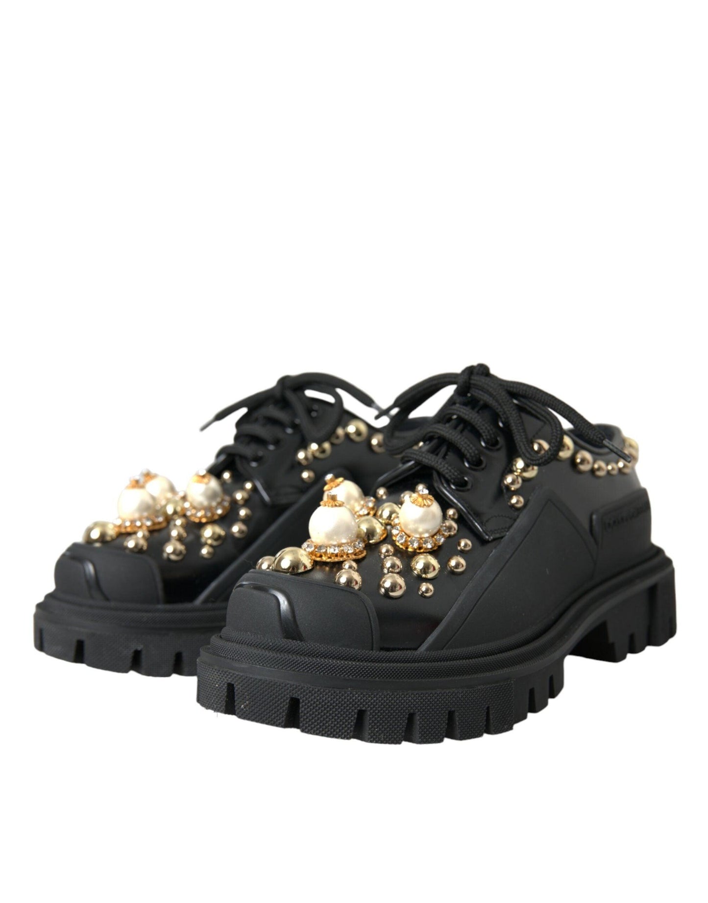 Dolce & Gabbana Black Leather Trekking Derby Embellished Shoes - Arichezz.store