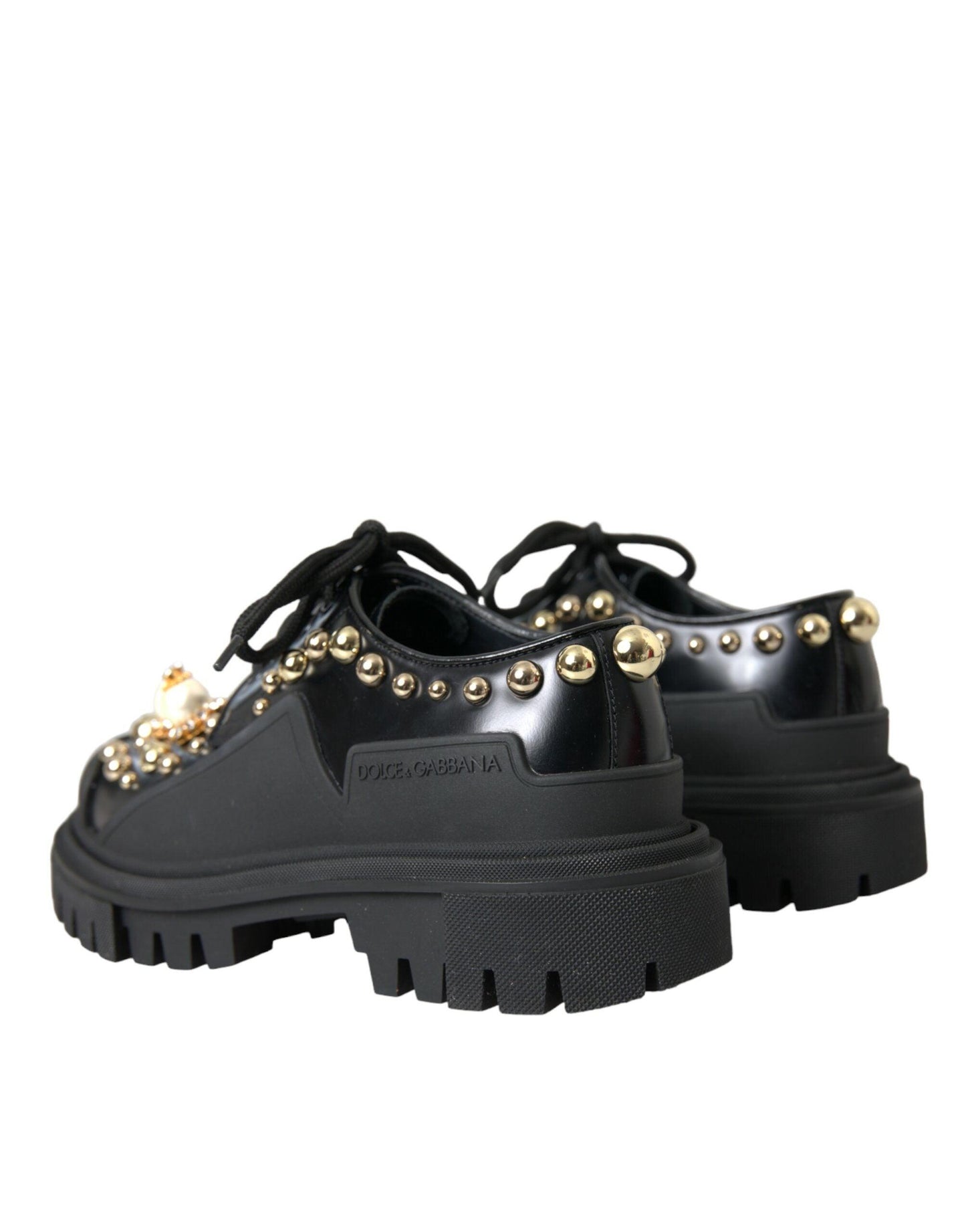 Dolce & Gabbana Black Leather Trekking Derby Embellished Shoes - Arichezz.store