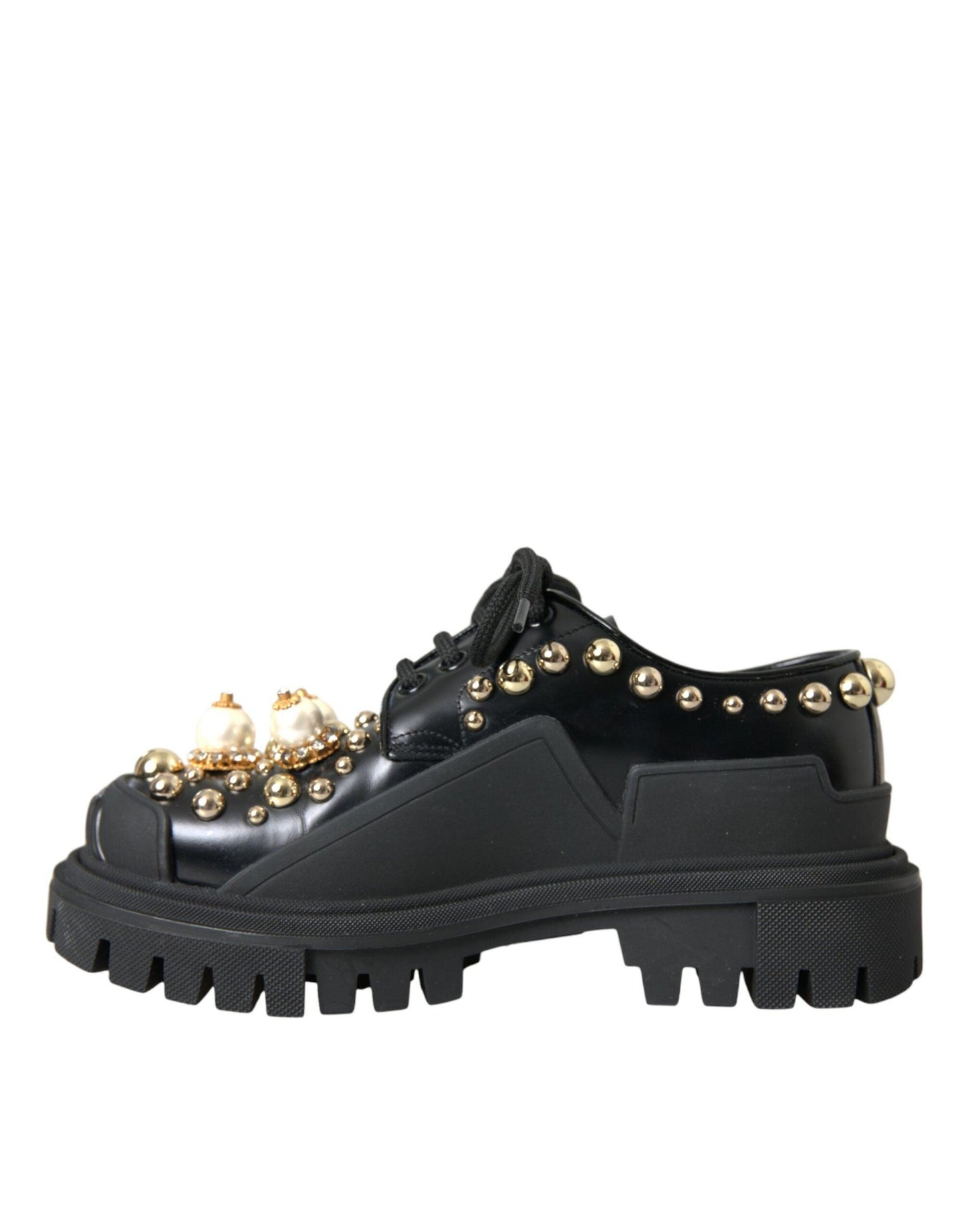 Dolce & Gabbana Black Leather Trekking Derby Embellished Shoes - Arichezz.store