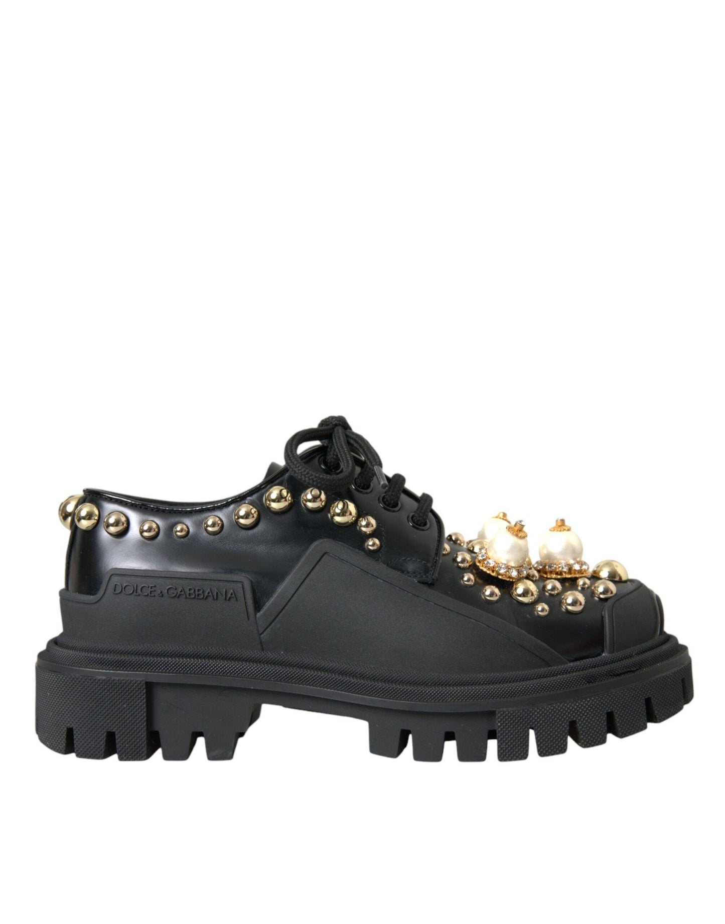 Dolce & Gabbana Black Leather Trekking Derby Embellished Shoes - Arichezz.store