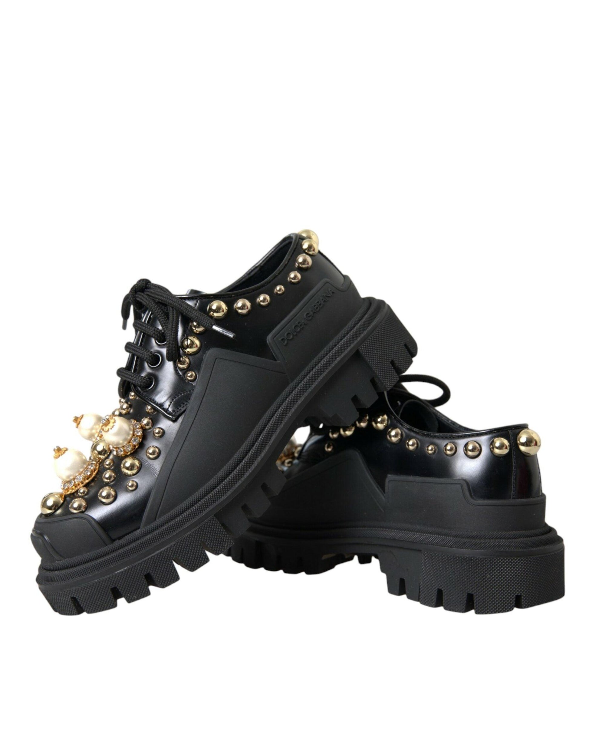 Dolce & Gabbana Black Leather Trekking Derby Embellished Shoes - Arichezz.store