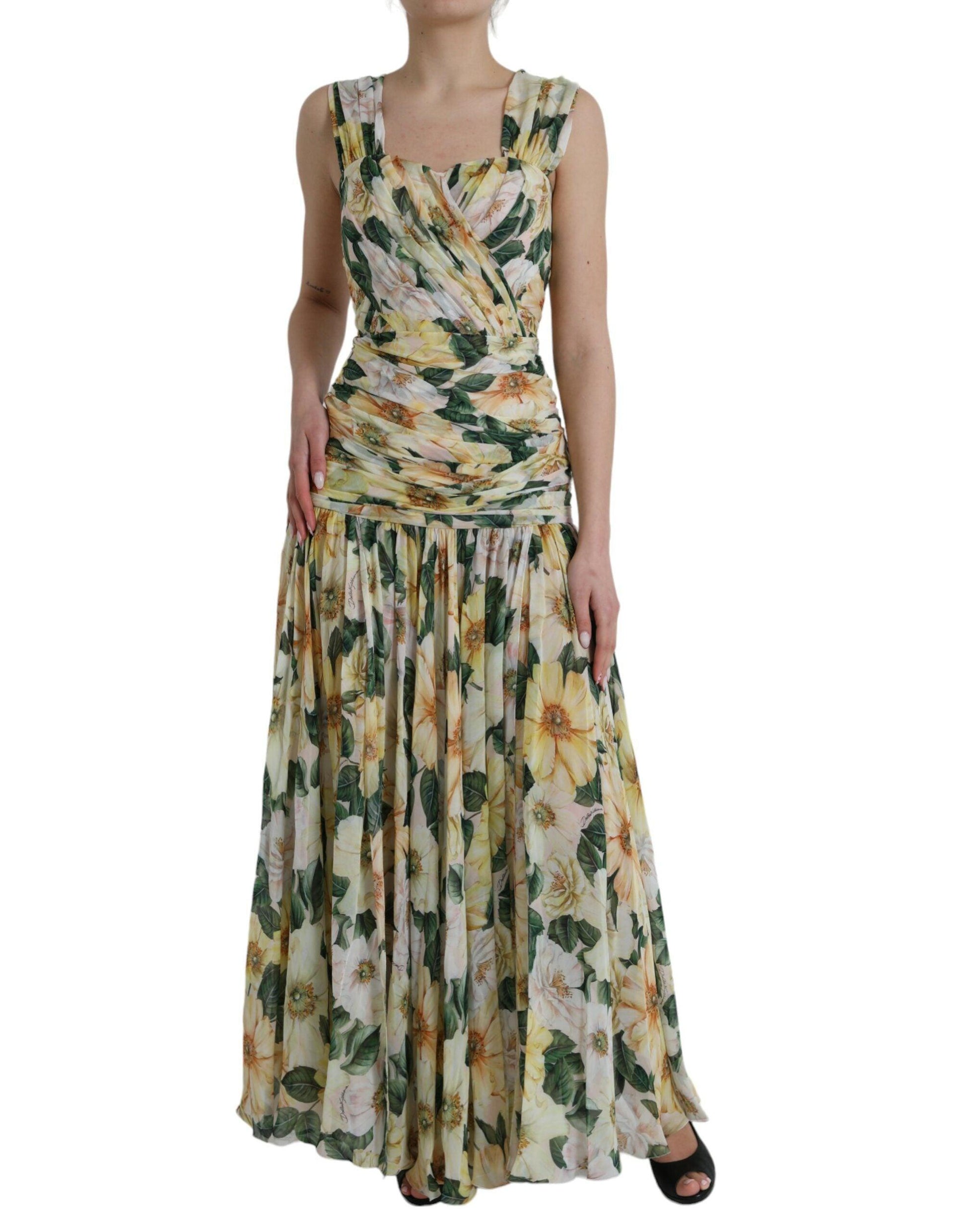 Dolce & Gabbana Yellow Floral Print Silk Pleated Maxi Dress - Arichezz.store