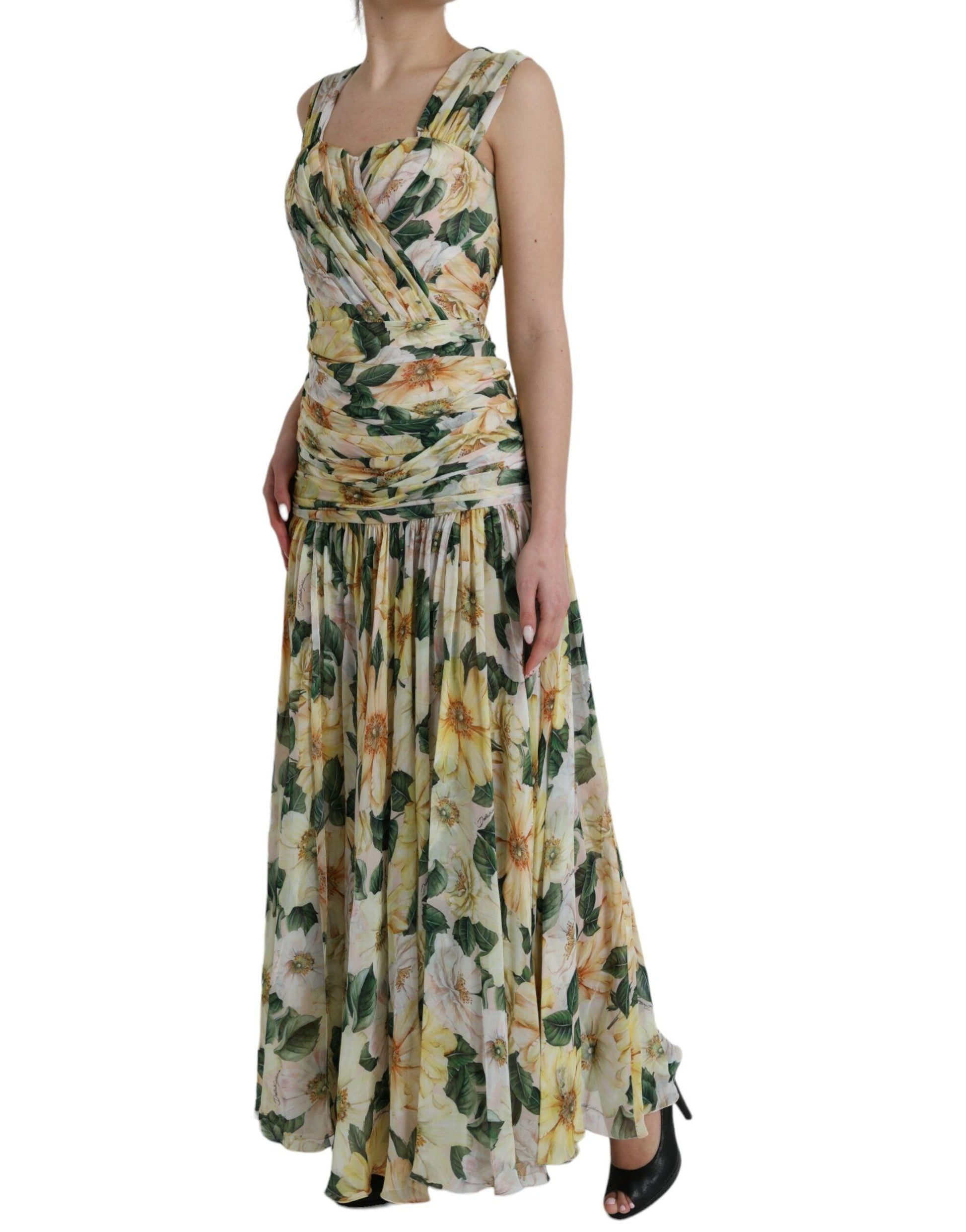 Dolce & Gabbana Yellow Floral Print Silk Pleated Maxi Dress - Arichezz.store