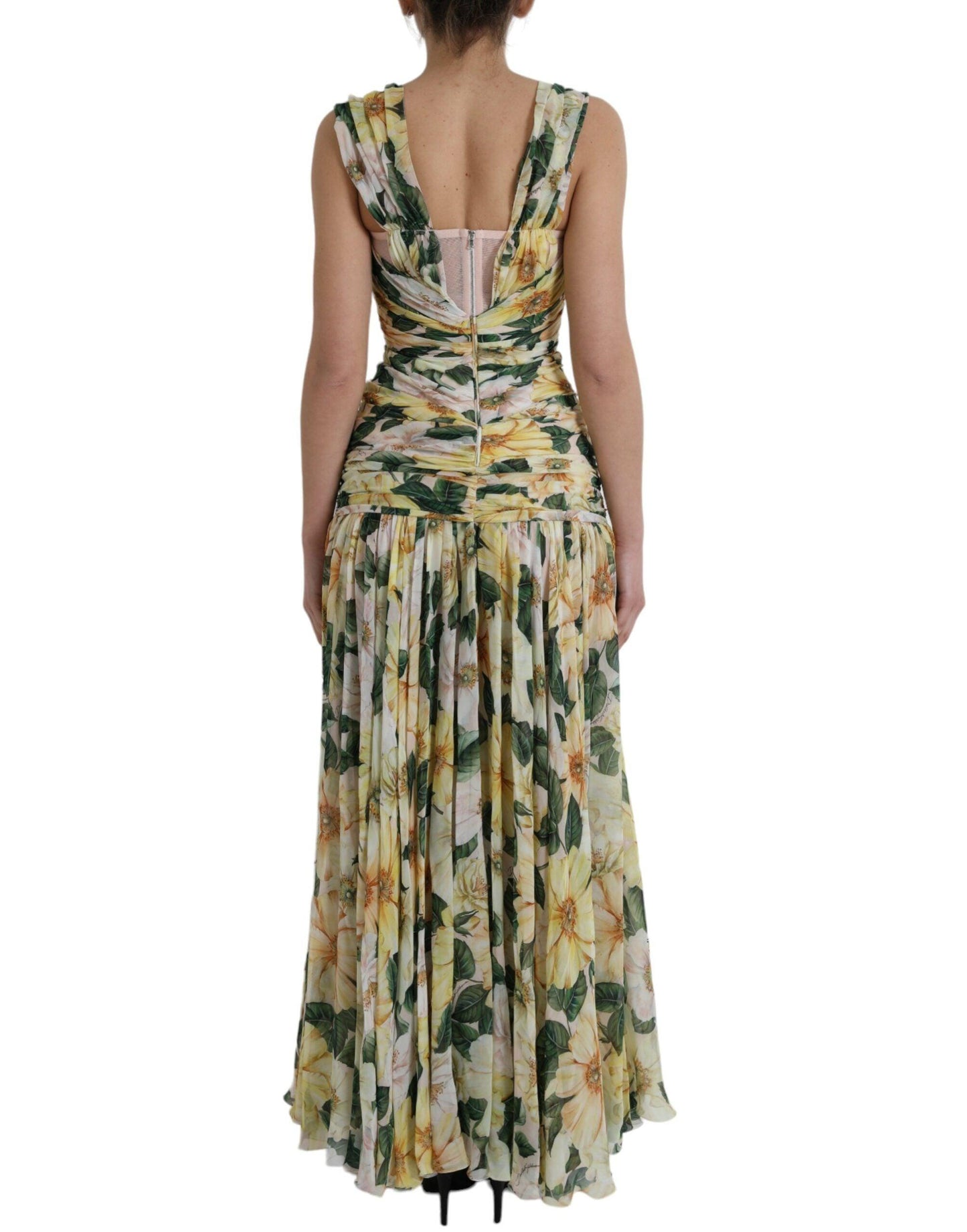 Dolce & Gabbana Yellow Floral Print Silk Pleated Maxi Dress - Arichezz.store