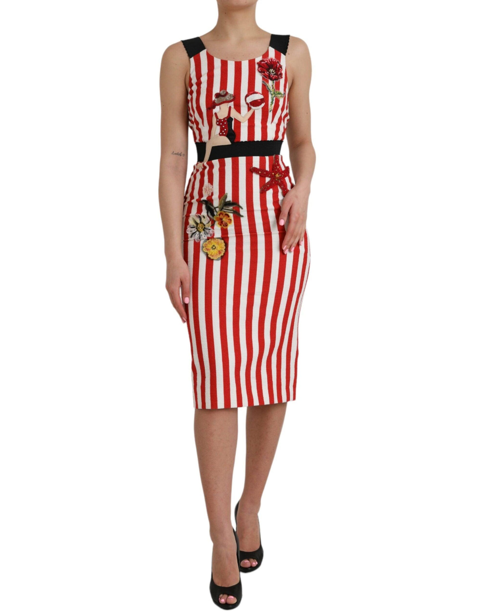 Dolce & Gabbana Red White Floral Sleeveless Sheath Midi Dress - Arichezz.store