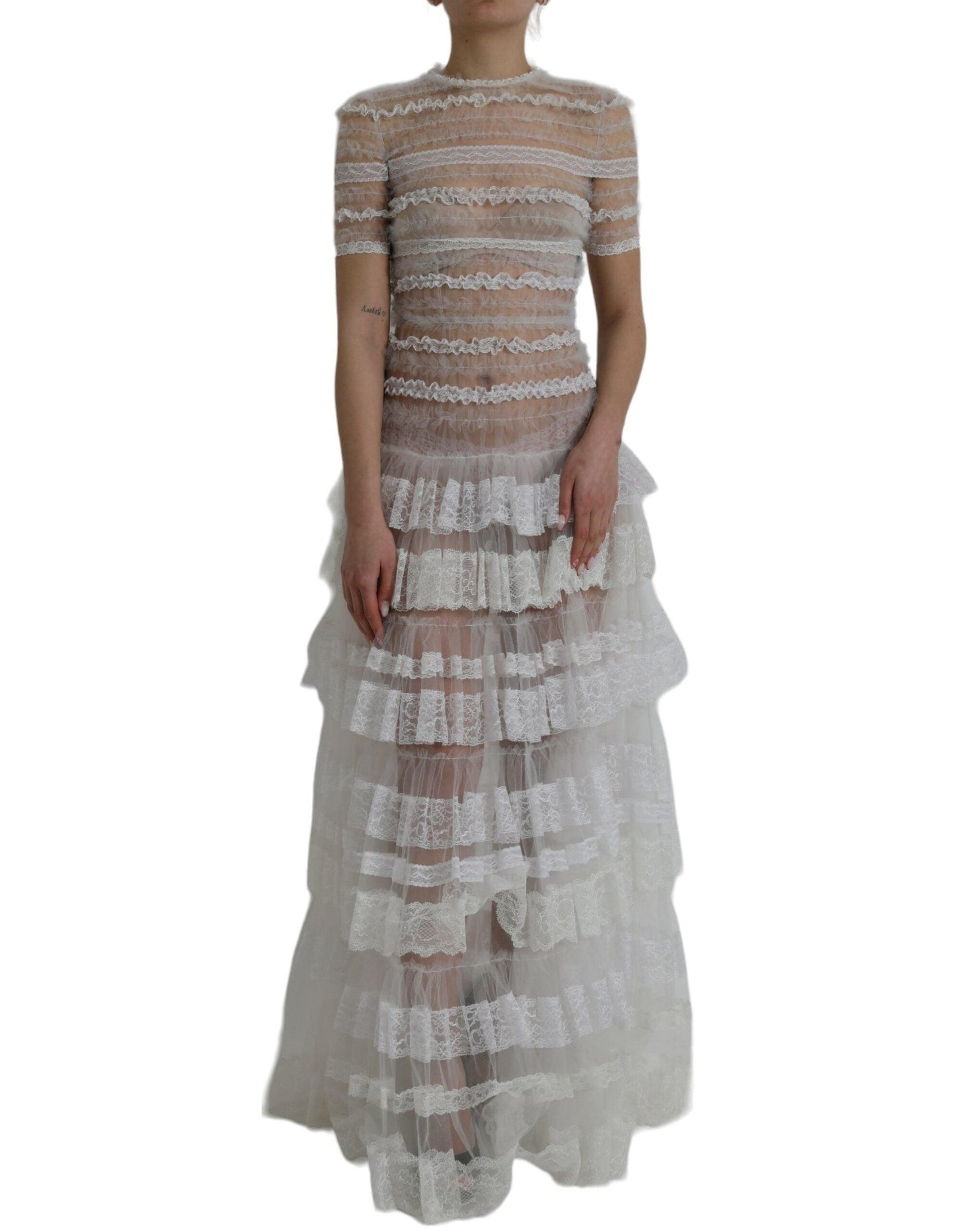 Dolce & Gabbana White Nylon Sheer Tiered Lace Maxi Dress - Arichezz.store