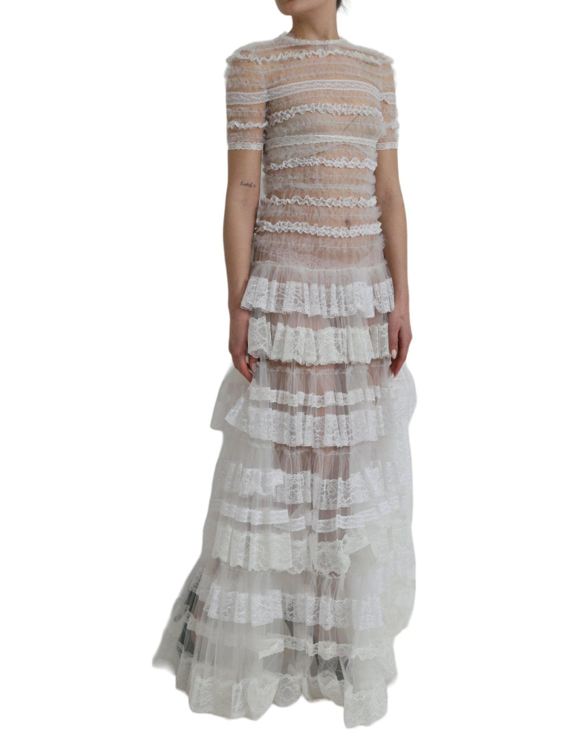 Dolce & Gabbana White Nylon Sheer Tiered Lace Maxi Dress - Arichezz.store