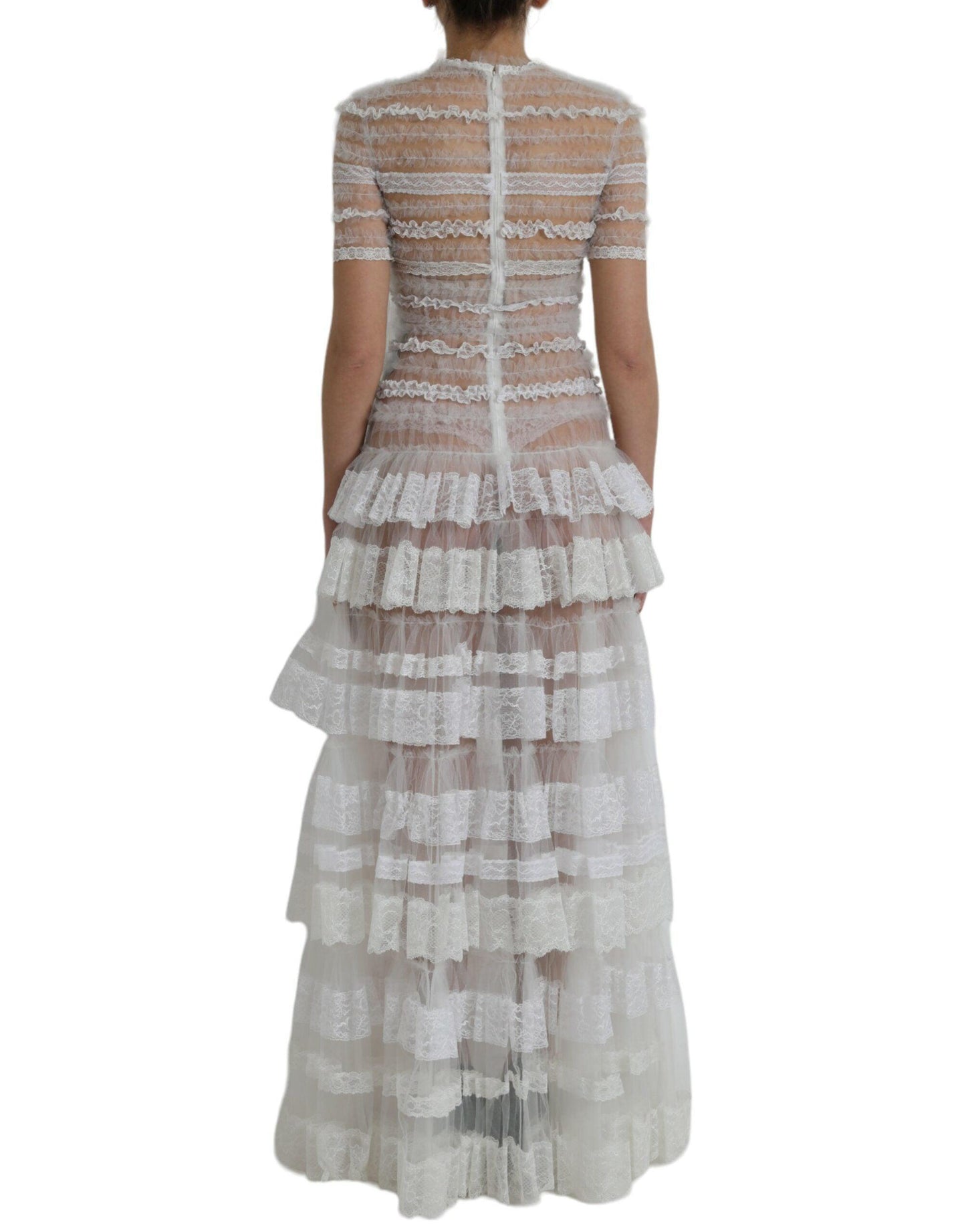 Dolce & Gabbana White Nylon Sheer Tiered Lace Maxi Dress - Arichezz.store