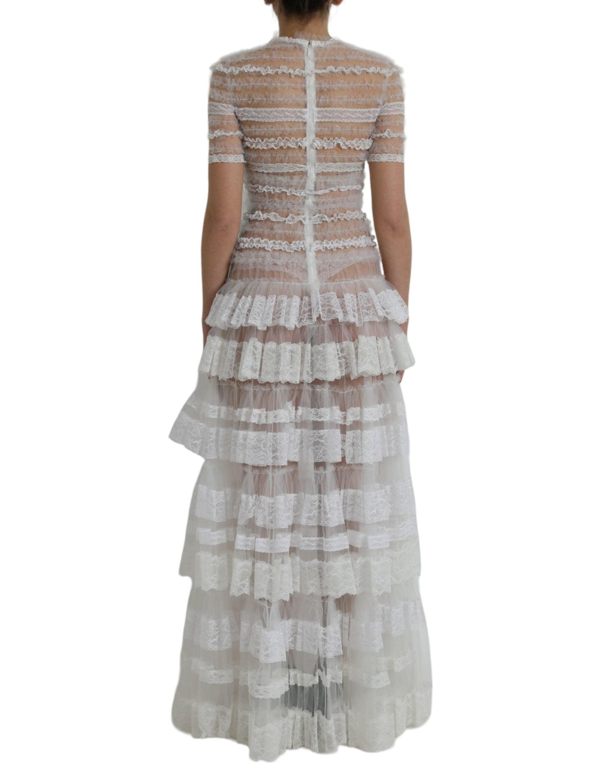 Dolce & Gabbana White Nylon Sheer Tiered Lace Maxi Dress - Arichezz.store