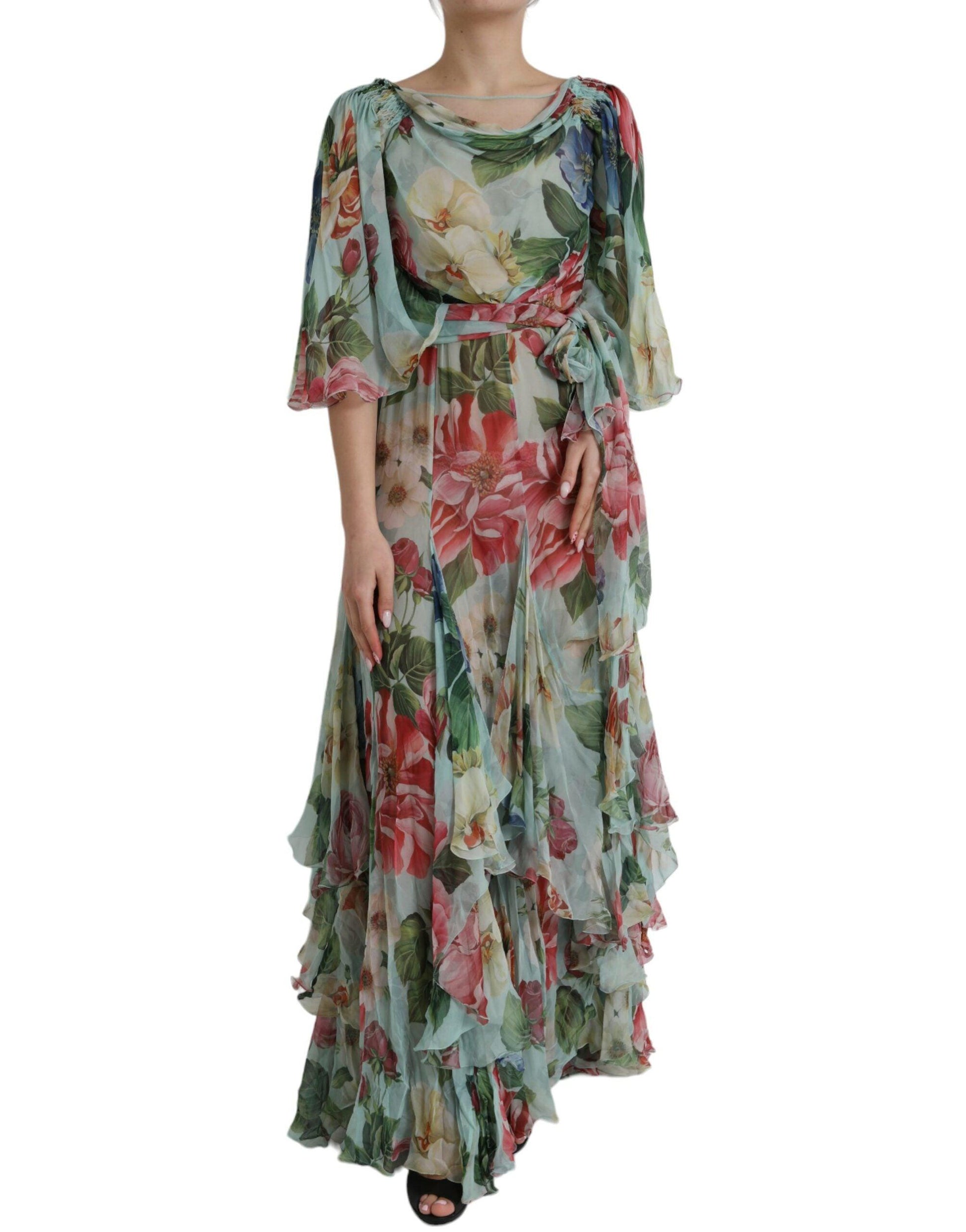 Dolce & Gabbana Blue Floral Print Tiered Long Maxi Dress - Arichezz.store