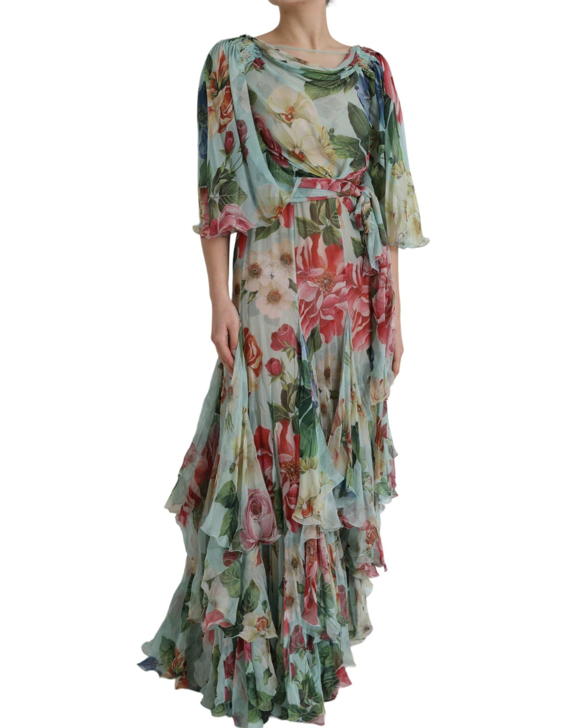 Dolce & Gabbana Blue Floral Print Tiered Long Maxi Dress - Arichezz.store