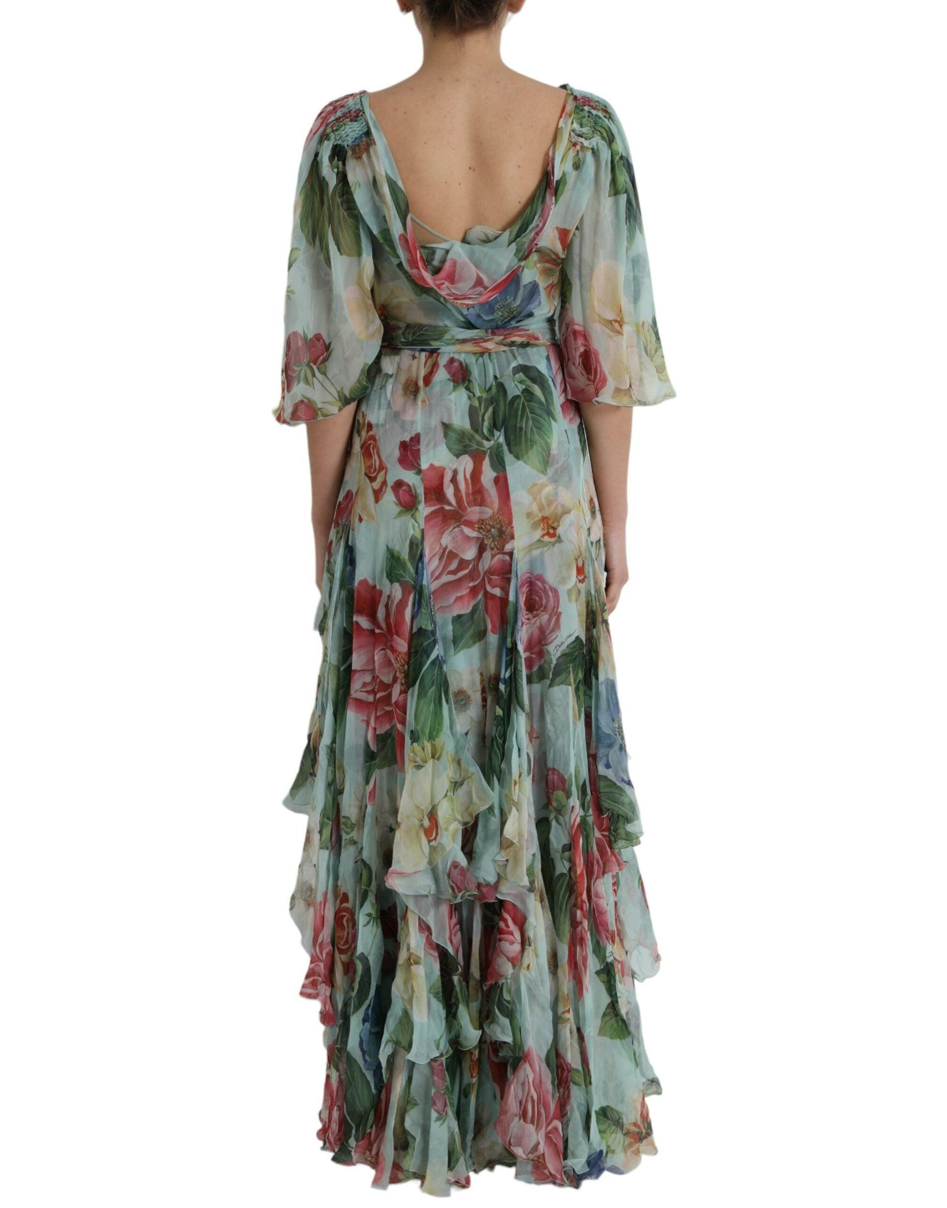 Dolce & Gabbana Blue Floral Print Tiered Long Maxi Dress - Arichezz.store