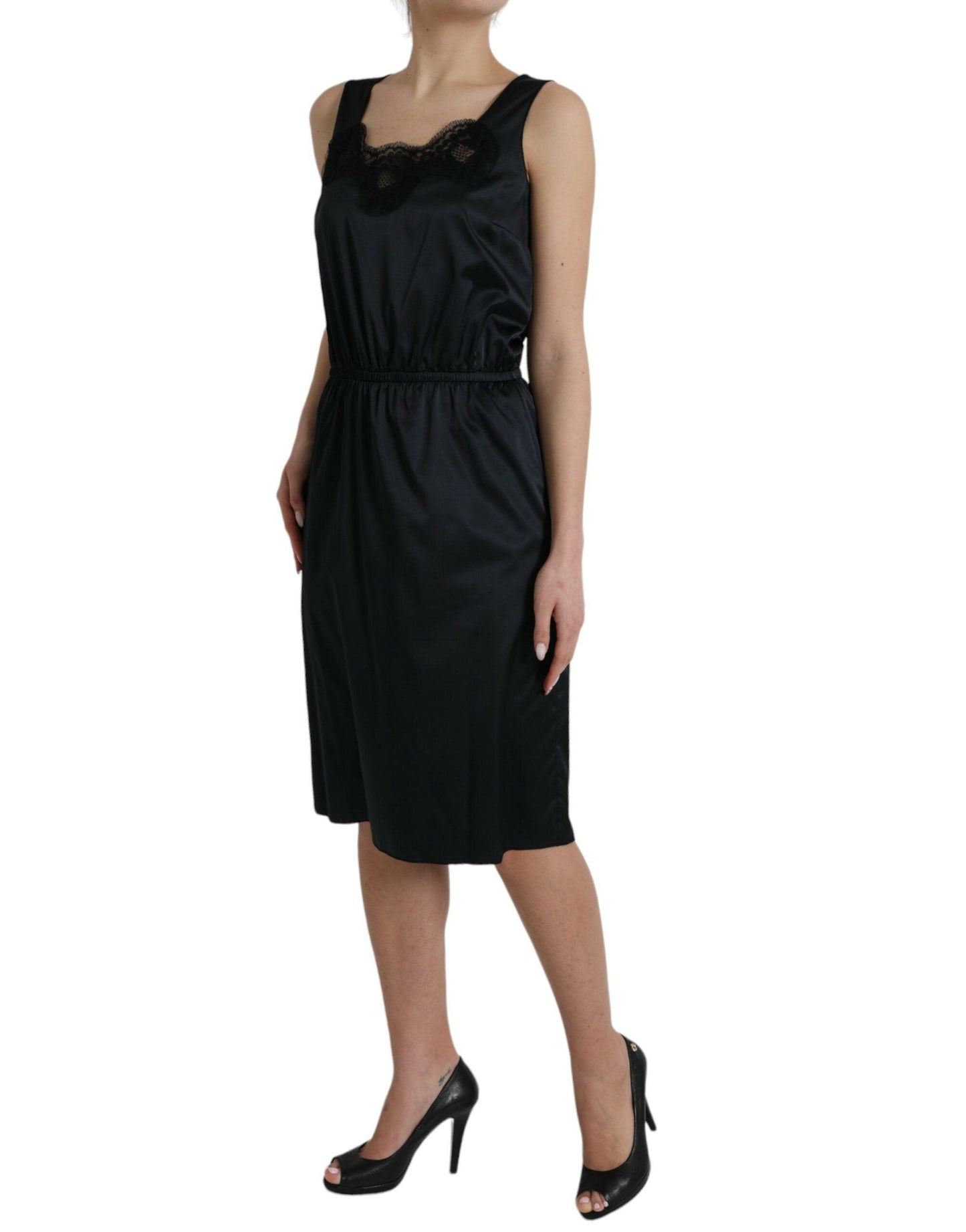 Dolce & Gabbana Black Polyester Lace Trim Sheath Midi Dress - Arichezz.store