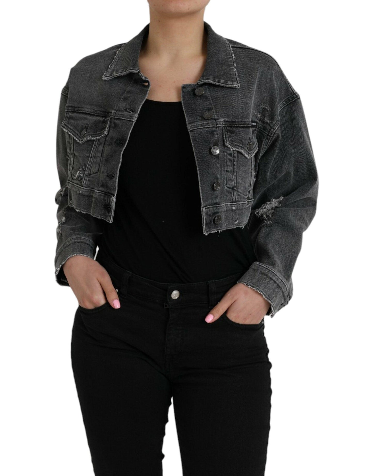 Dolce & Gabbana Dark Gray Cropped Denim Jacket - Arichezz.store