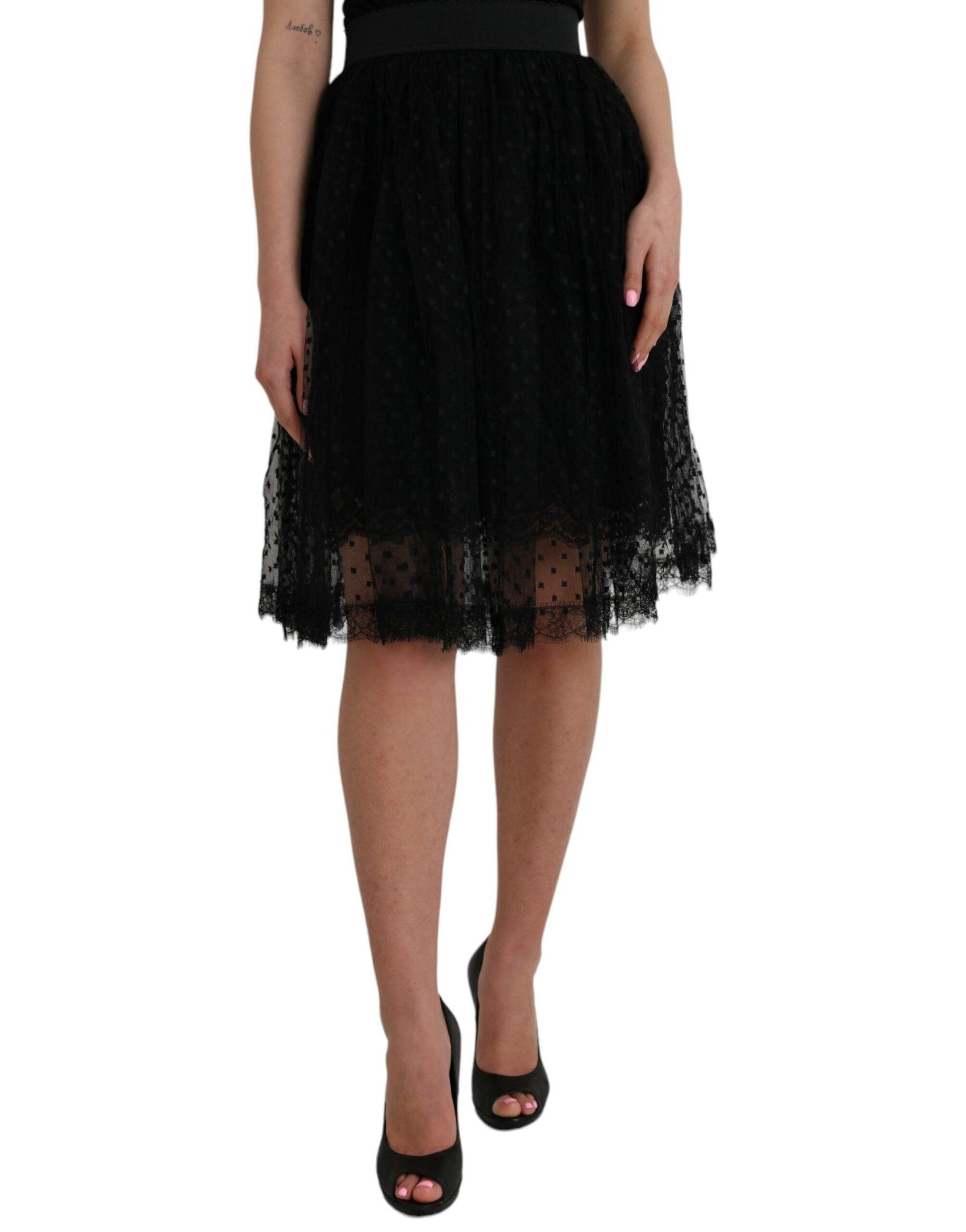 Dolce & Gabbana Black Nylon Lace Trim High Waist A-line Skirt - Arichezz.store