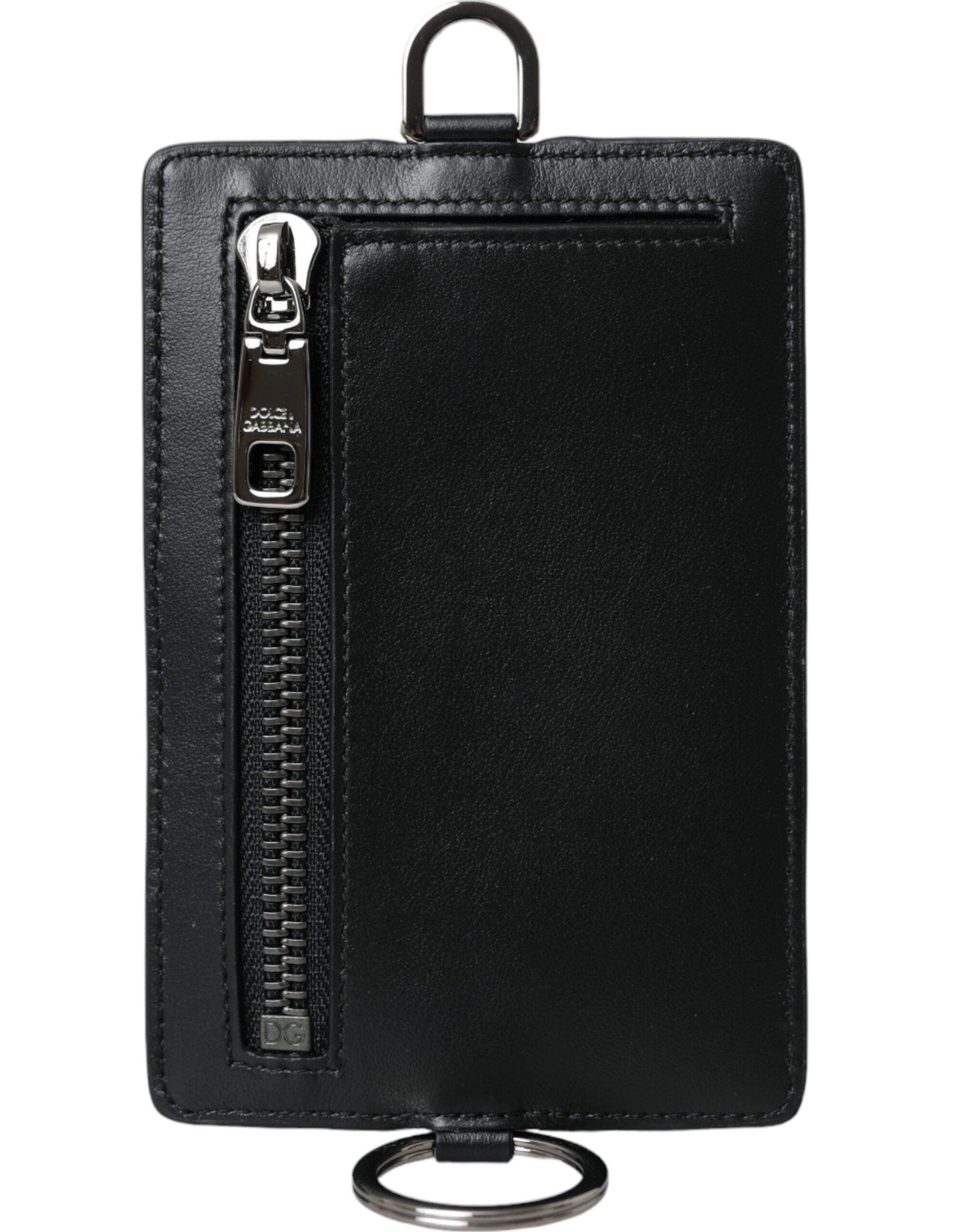 Dolce & Gabbana Black Calf Leather Lanyard Logo Card Holder Men Wallet - Arichezz.store