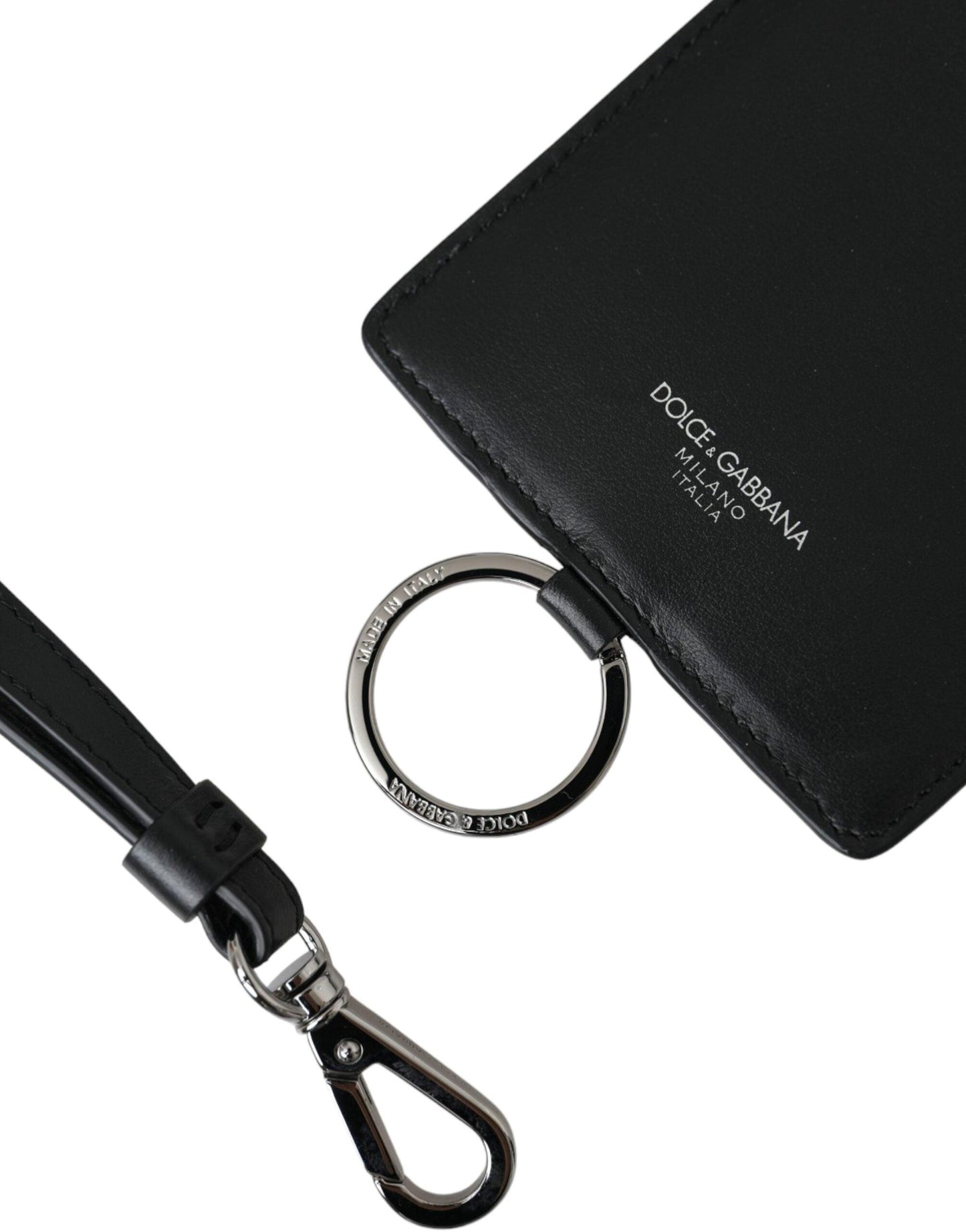 Dolce & Gabbana Black Calf Leather Lanyard Logo Card Holder Men Wallet - Arichezz.store