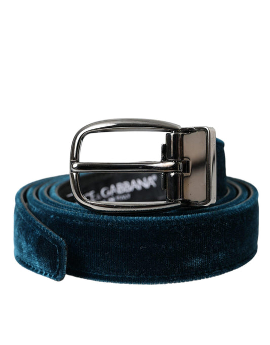 Dolce & Gabbana Blue Velvet Leather Silver Metal Buckle Belt - Arichezz.store