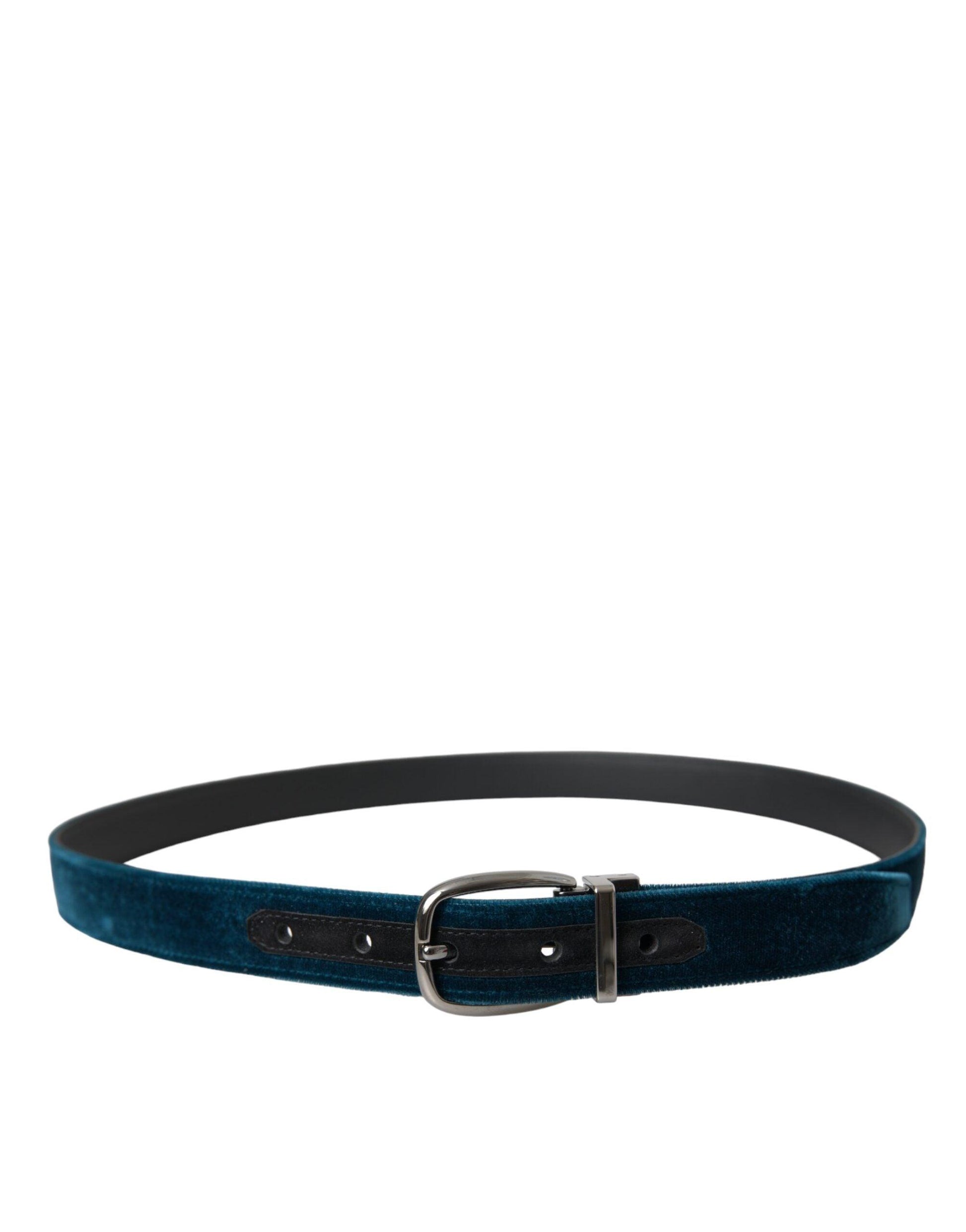 Dolce & Gabbana Blue Velvet Leather Silver Metal Buckle Belt - Arichezz.store