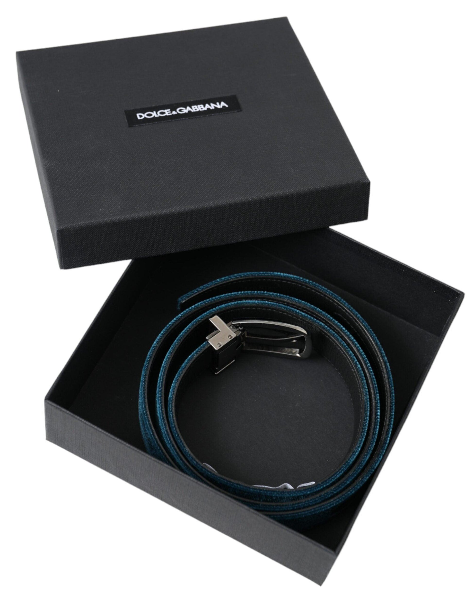 Dolce & Gabbana Blue Velvet Leather Silver Metal Buckle Belt - Arichezz.store