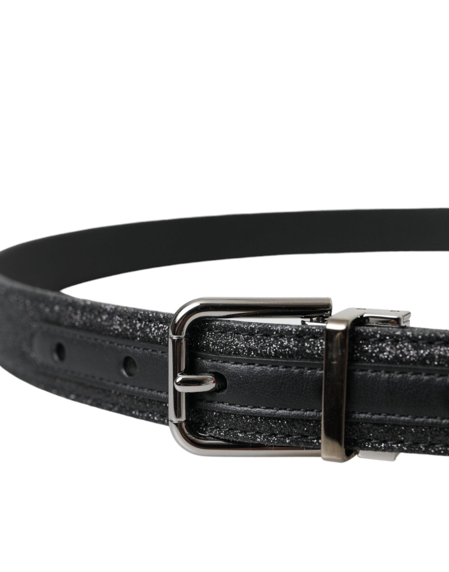 Dolce & Gabbana Black Glittered Leather Silver Buckle Belt - Arichezz.store