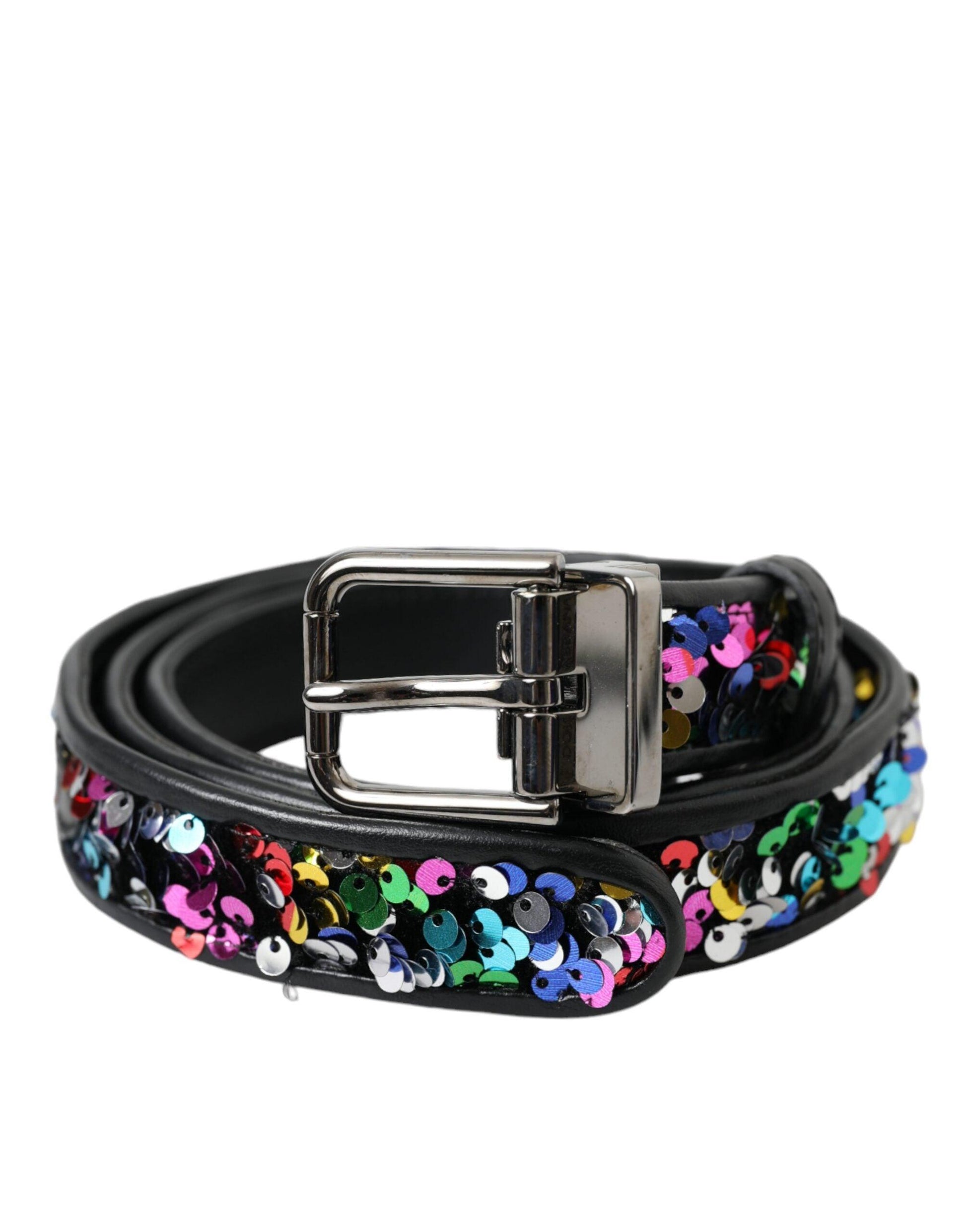 Dolce & Gabbana Black Sequined Silver Metal Buckle Women Belt - Arichezz.store