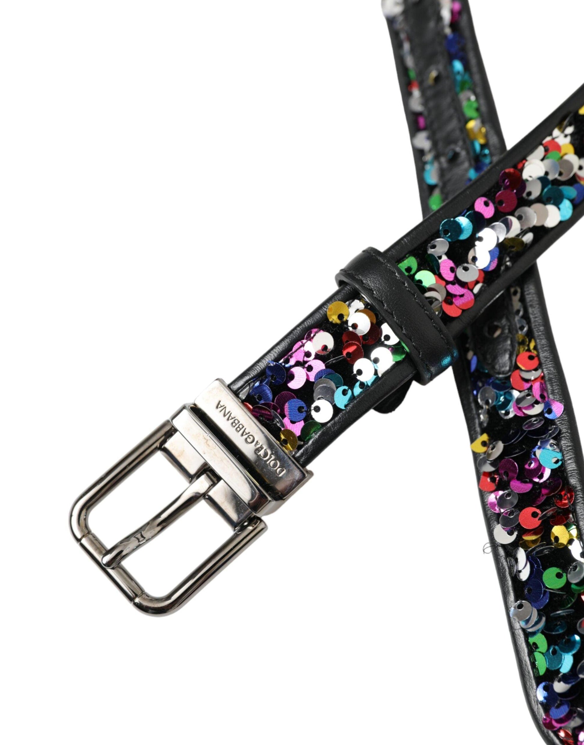 Dolce & Gabbana Black Sequined Silver Metal Buckle Women Belt - Arichezz.store