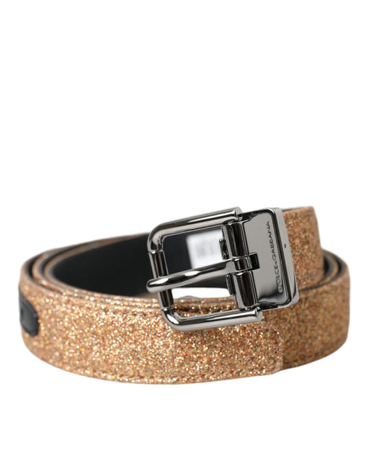 Dolce & Gabbana Gold Glitter Leather Silver Metal Buckle Belt - Arichezz.store