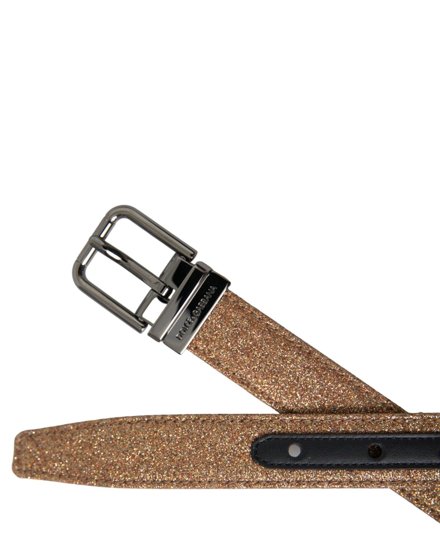 Dolce & Gabbana Gold Glitter Leather Silver Metal Buckle Belt - Arichezz.store