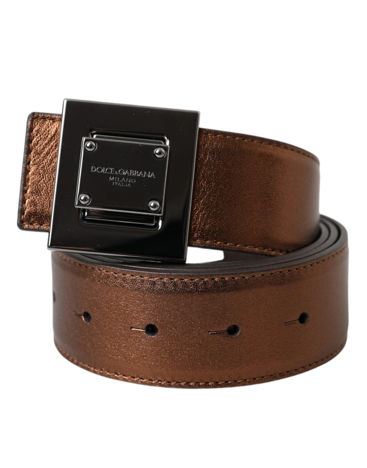 Dolce & Gabbana Metallic Bronze Leather Square Metal Buckle Belt - Arichezz.store