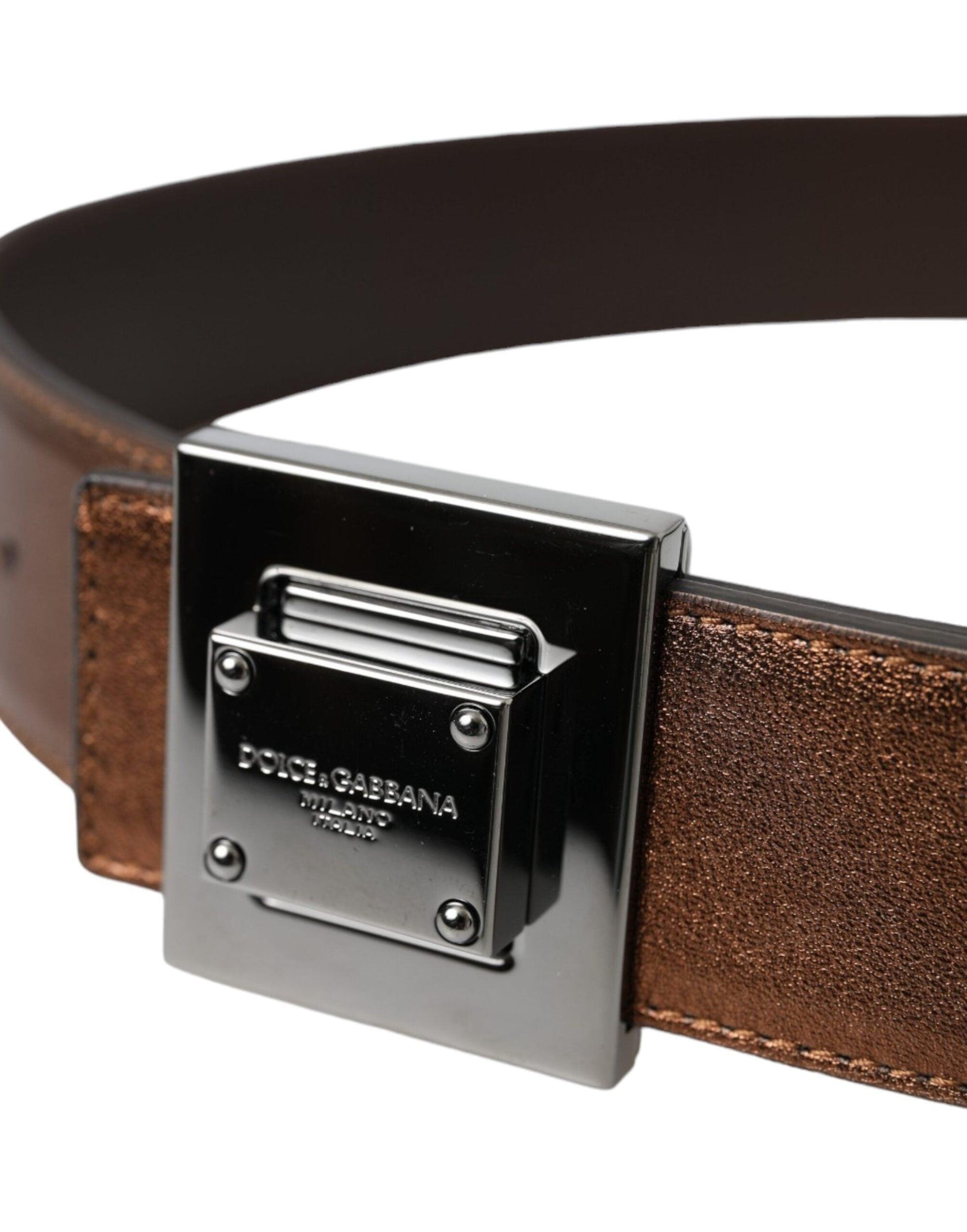 Dolce & Gabbana Metallic Bronze Leather Square Metal Buckle Belt - Arichezz.store