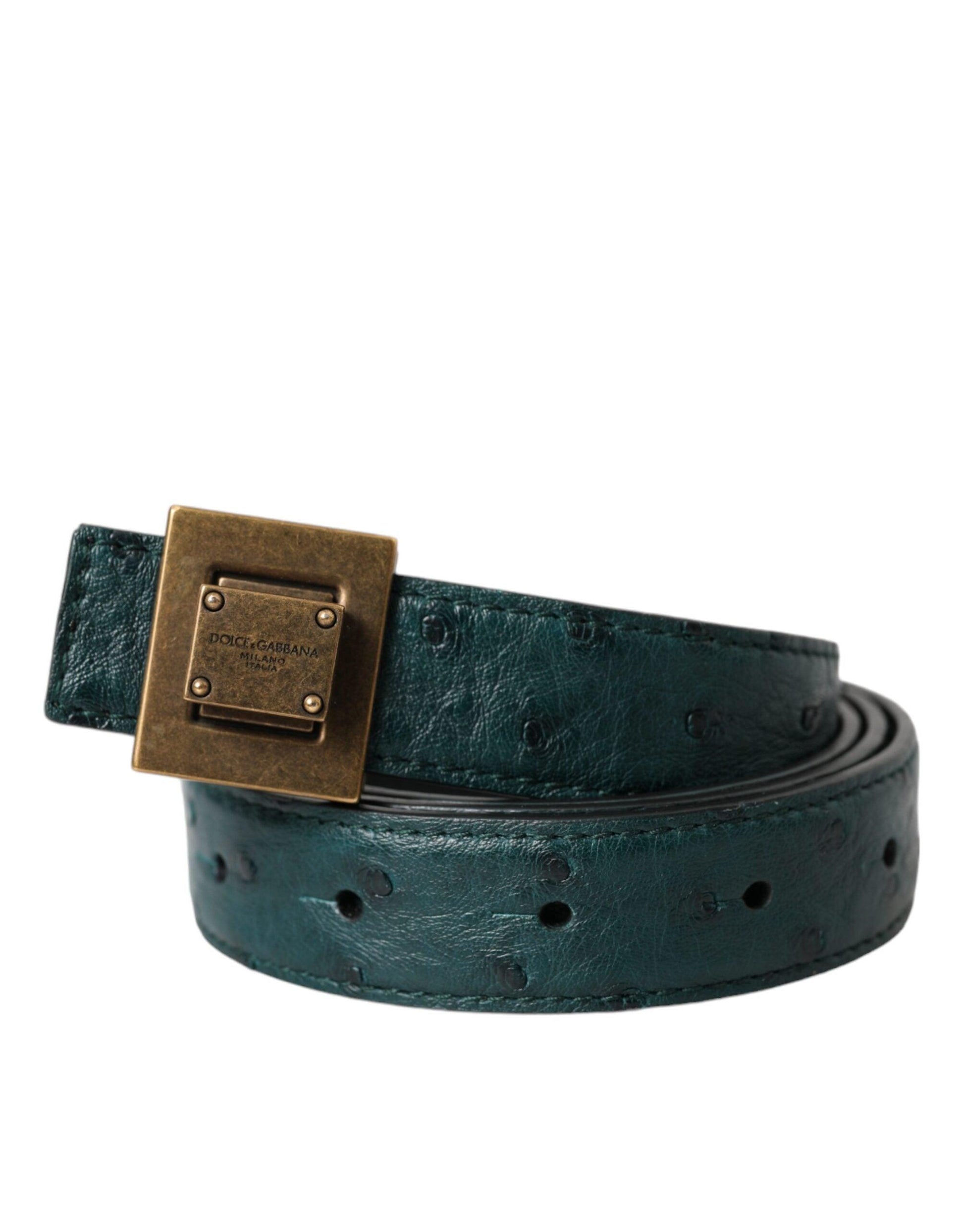 Dolce & Gabbana Dark Green Leather Square Metal Buckle Belt - Arichezz.store