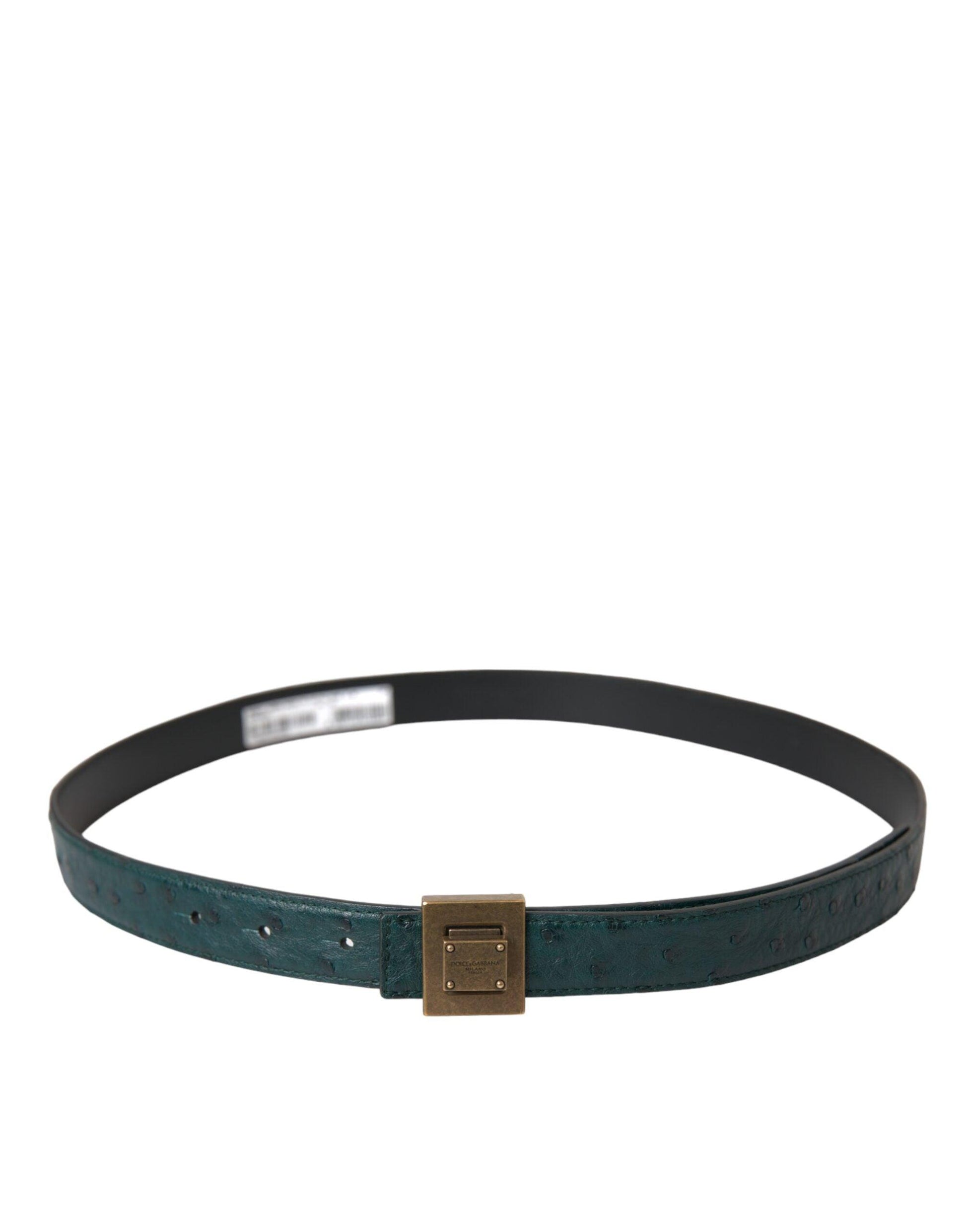 Dolce & Gabbana Dark Green Leather Square Metal Buckle Belt - Arichezz.store