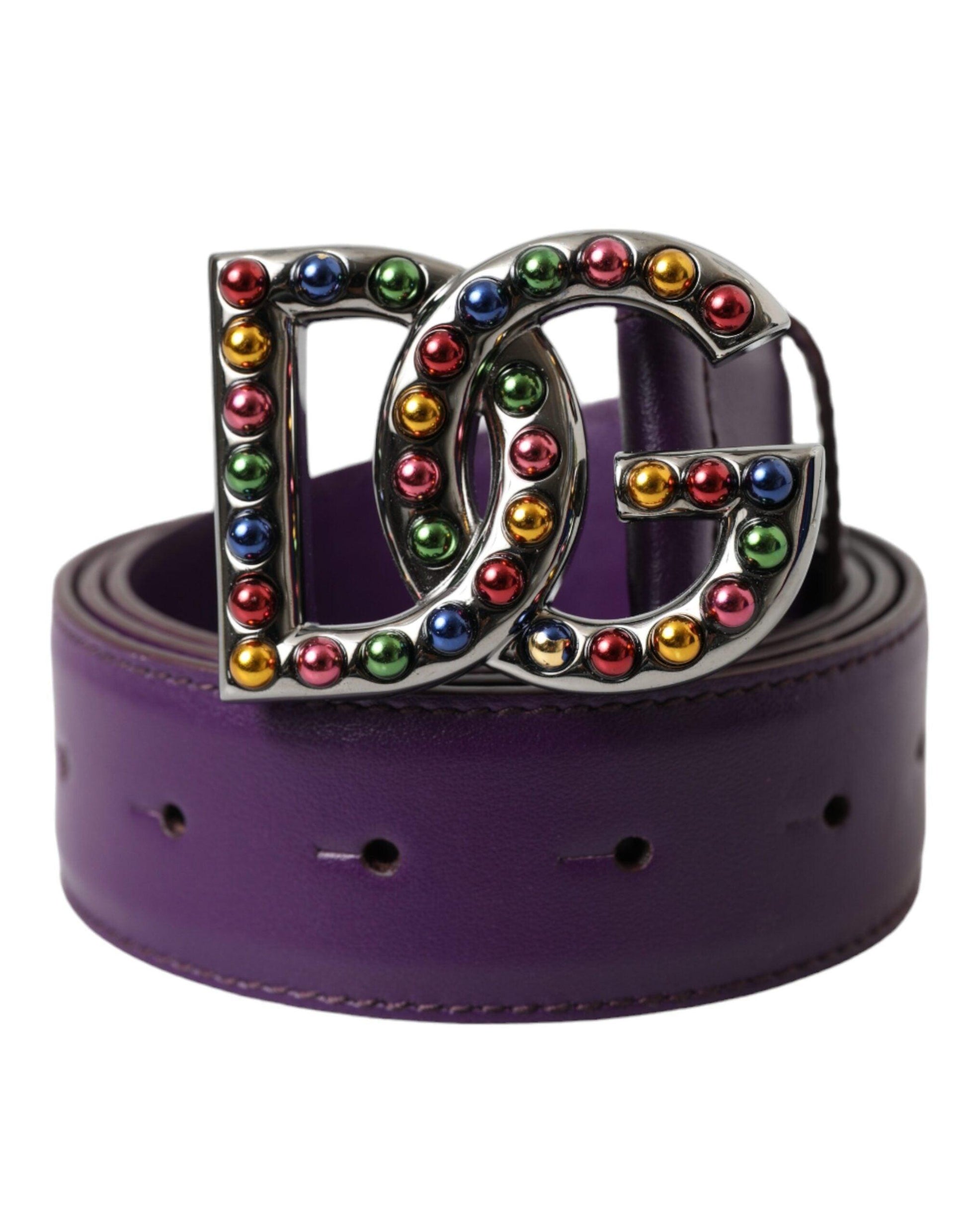 Dolce & Gabbana Purple Leather DG Logo Studs Metal Buckle Belt - Arichezz.store