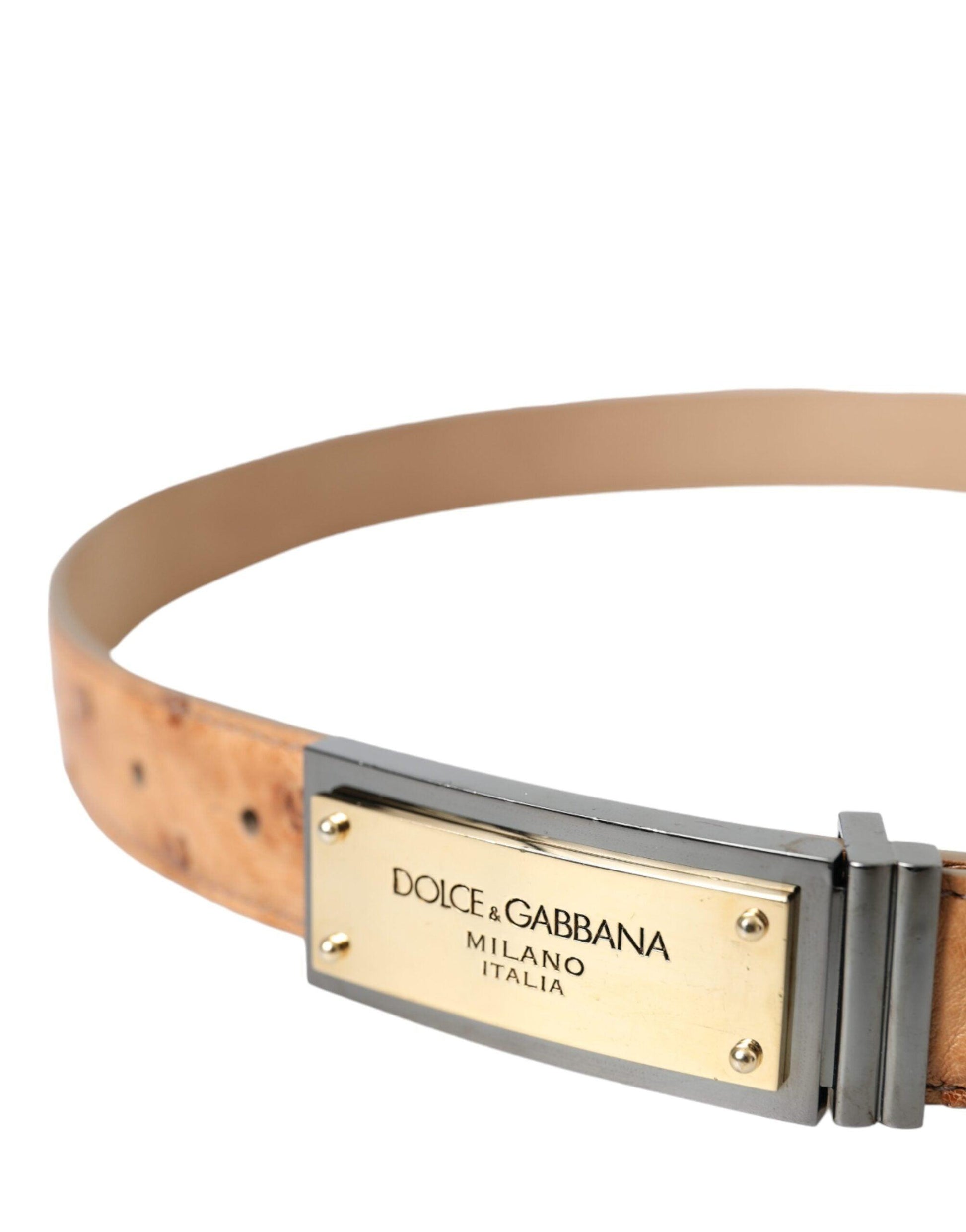 Dolce & Gabbana Beige Leather Gold Logo Engraved Buckle Belt - Arichezz.store