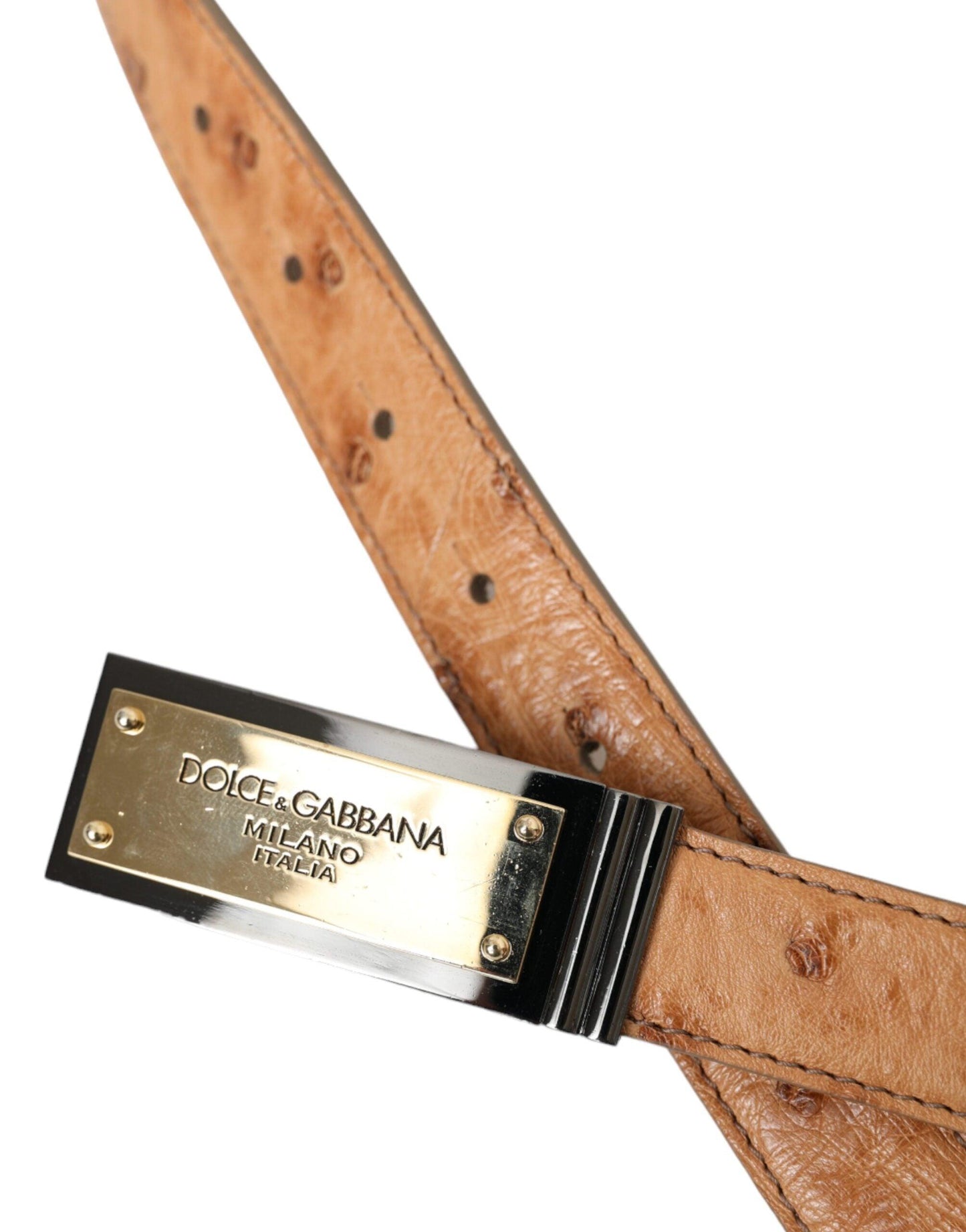 Dolce & Gabbana Beige Leather Gold Logo Engraved Buckle Belt - Arichezz.store