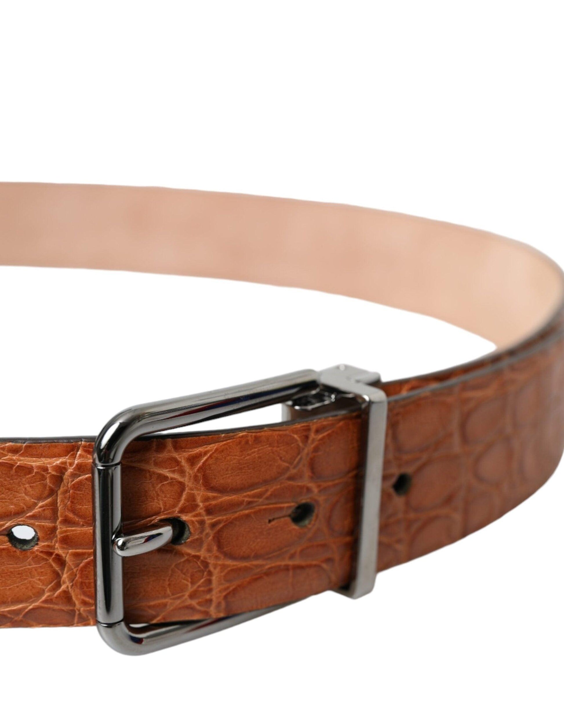 Dolce & Gabbana Brown Exotic Leather Silver Metal Buckle Belt - Arichezz.store