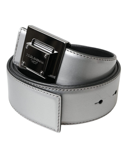 Dolce & Gabbana Silver Leather Square Metal Buckle Belt - Arichezz.store