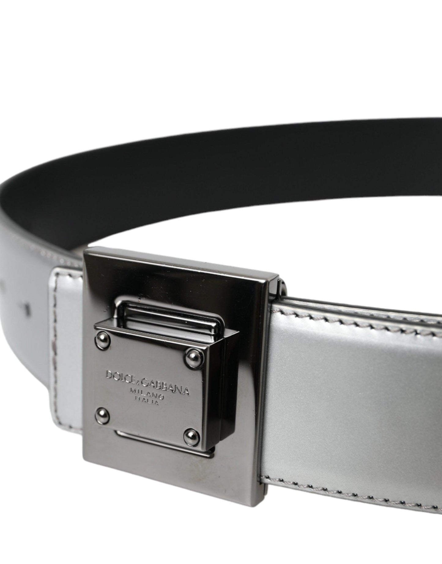 Dolce & Gabbana Silver Leather Square Metal Buckle Belt - Arichezz.store