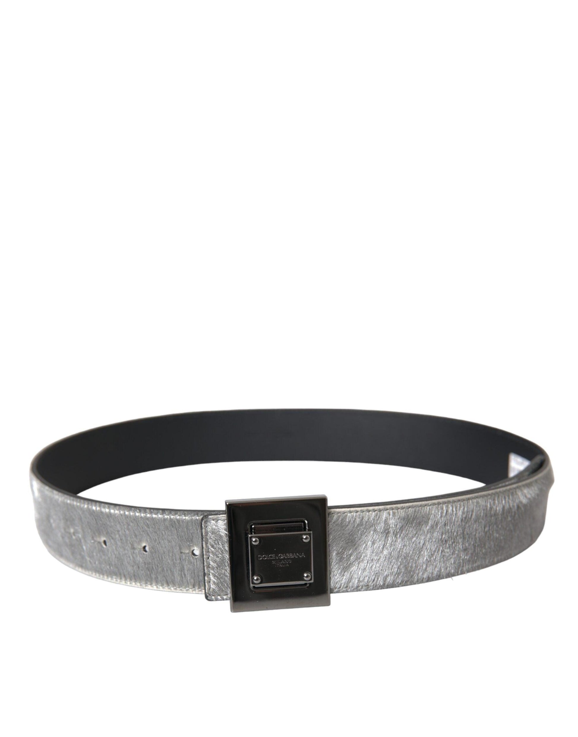 Dolce & Gabbana Silver Leather Square Metal Buckle Belt - Arichezz.store