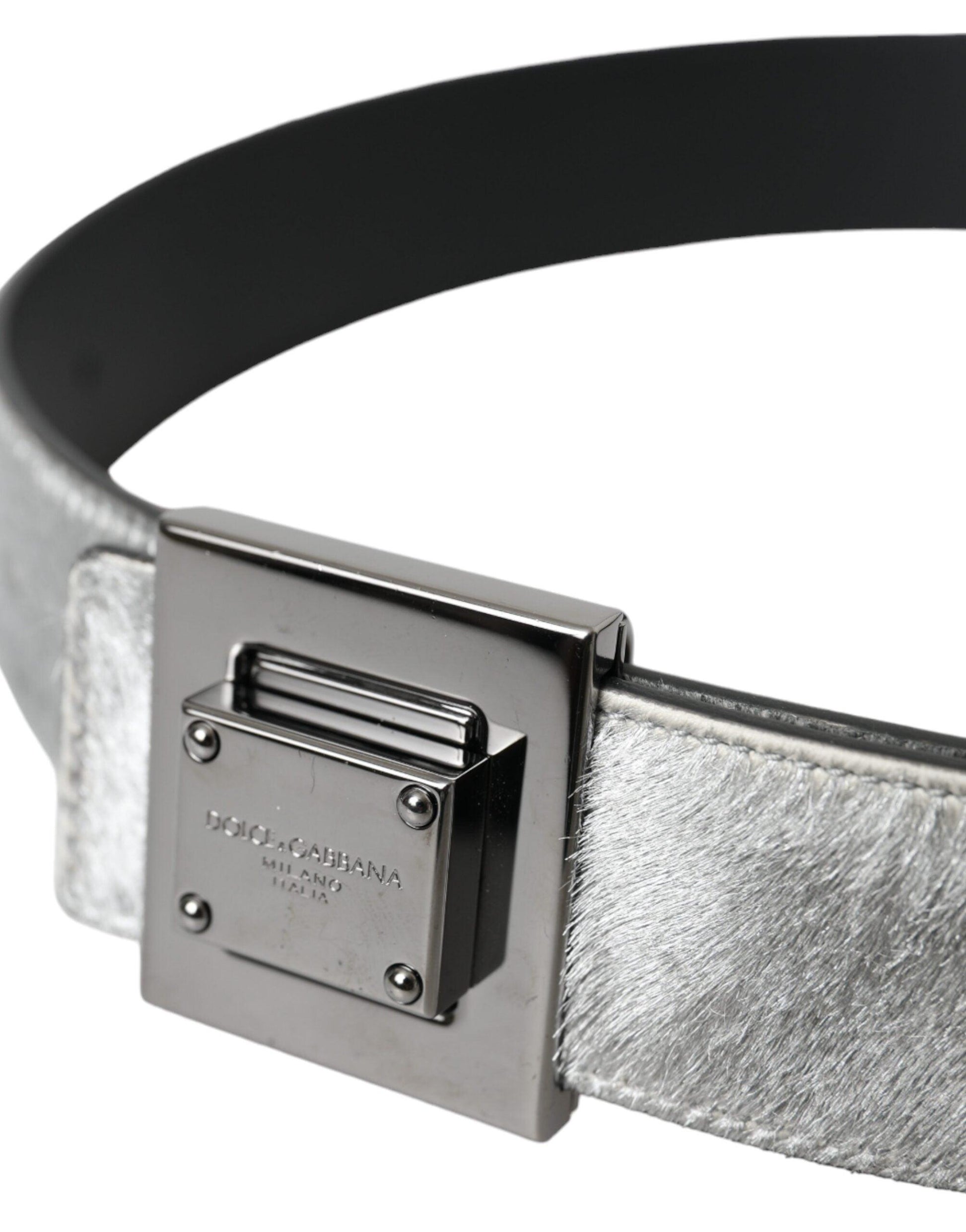 Dolce & Gabbana Silver Leather Square Metal Buckle Belt - Arichezz.store