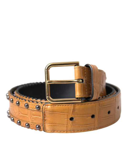 Dolce & Gabbana Beige Alligator Leather Studded Metal Buckle Belt - Arichezz.store