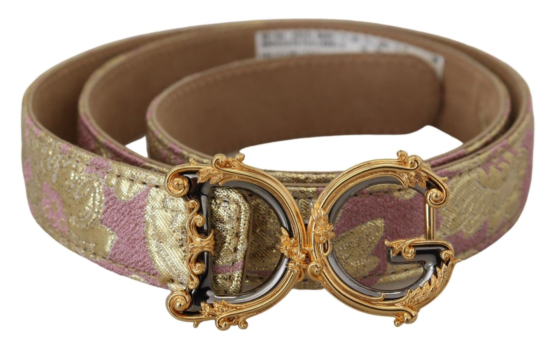 Dolce & Gabbana Pink Jaquard DG Logo Gold Metal Buckle Belt - Arichezz.store